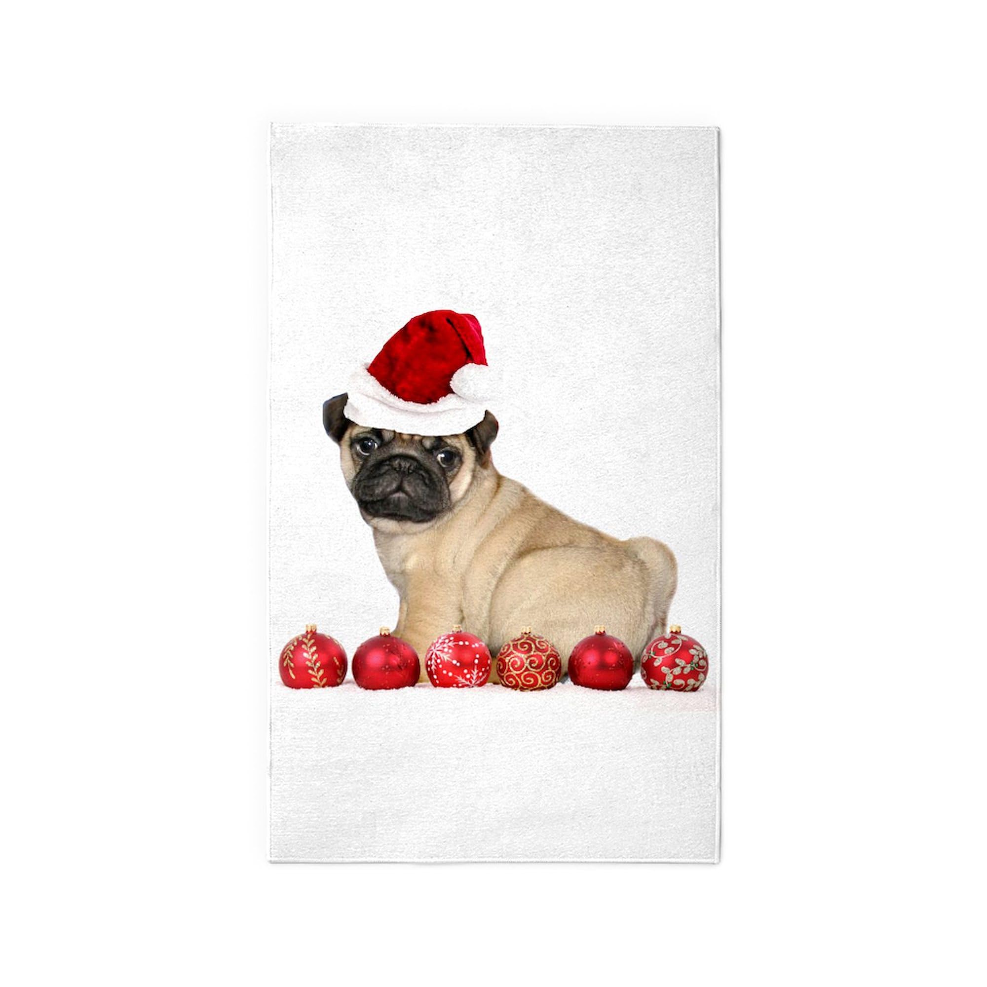 Christmas Pug Dog 3'X5' Decorative Area Rug - Non-Slip Fabric Throw Rug for Living Room, Bedroom & Holiday Decor - Cute Pet Themed Home Accent