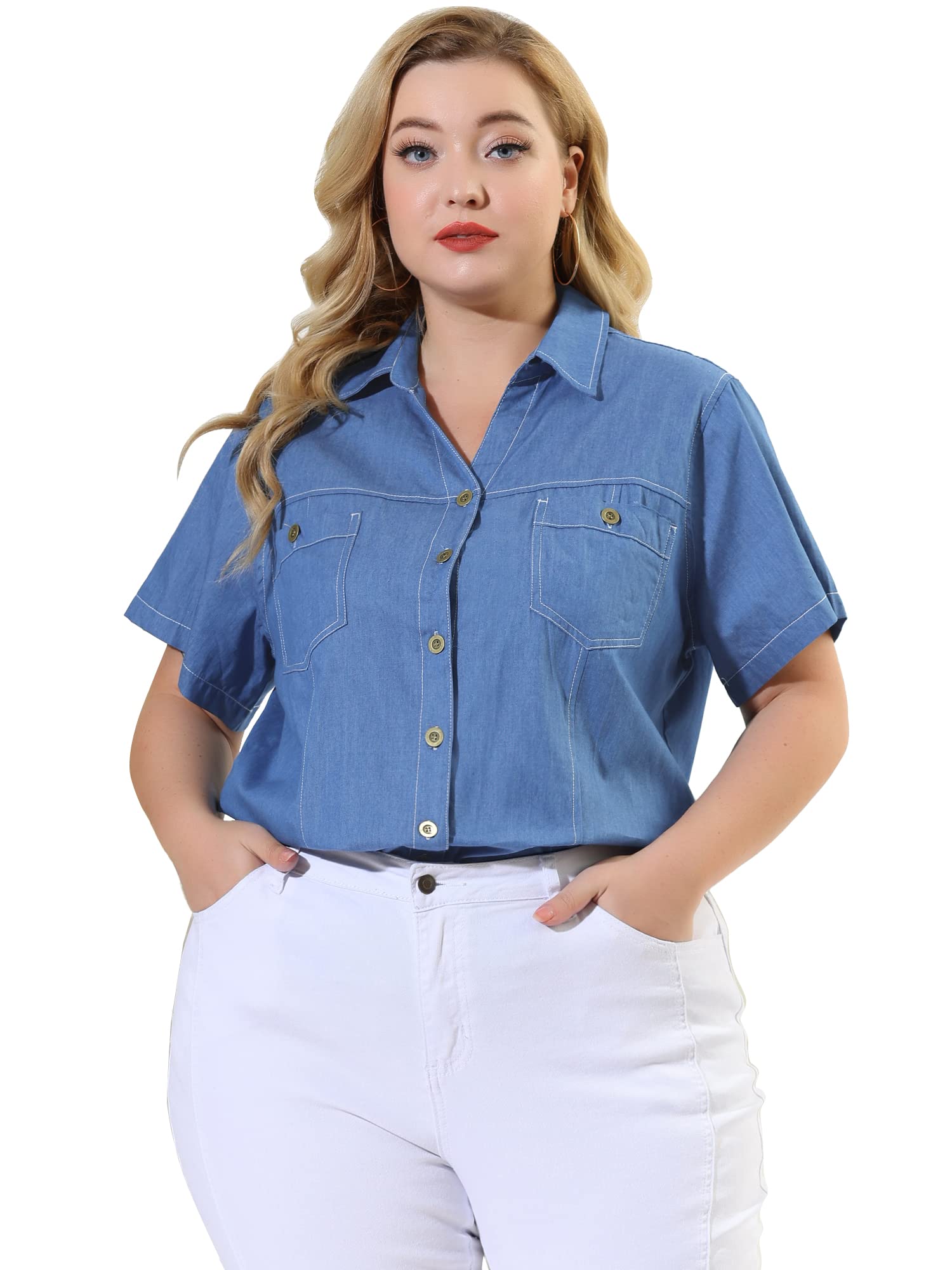 Agnes Orinda Women's Plus Size Denim Shirt - Short Sleeve Chambray Button Down Top for Casual Wear | Perfect for Office, Weekend Outings & Summer Fashion