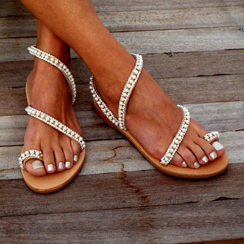 Women's Bohemian Rhinestone Pearl Flat Sandals - Stylish Thong Gladiator Sandals for Women | Open Toe Dress Shoes for Summer, Beach, and Casual Outings