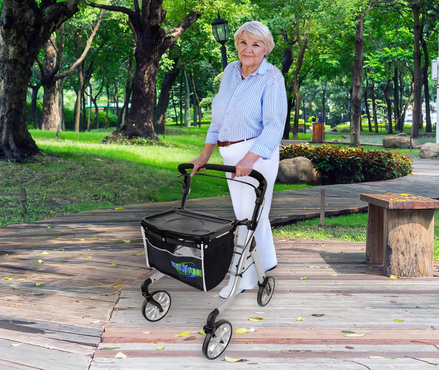 HEALTHLINE Lightweight 4-Wheel Rollator Walker for Seniors - Heavy Duty Mobility Aid with Storage Basket & Tray - Narrow Design Fits Through Doorways - Indoor Use for Elderly (White) - Perfect for Home, Hospital, and Assisted Living Facilities