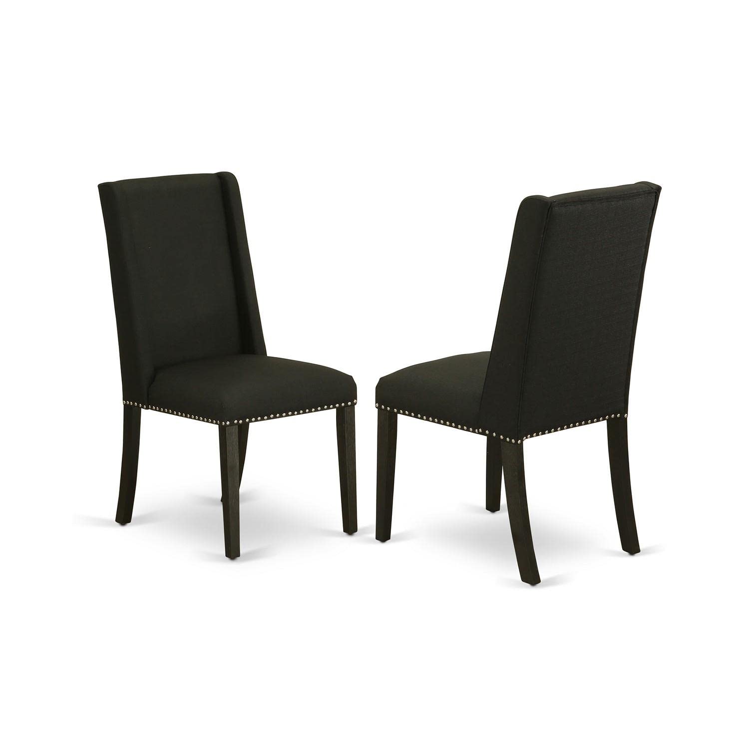 East West Furniture FLP6T24 Florence Parson Dining Chairs - Set of 2, Black Linen Fabric Upholstered with Nailhead Trim & Wirebrushed Black Finish - Elegant Dining Room Chairs for Formal Dining, Kitchen Breakfast Nook, or Home Office Seating