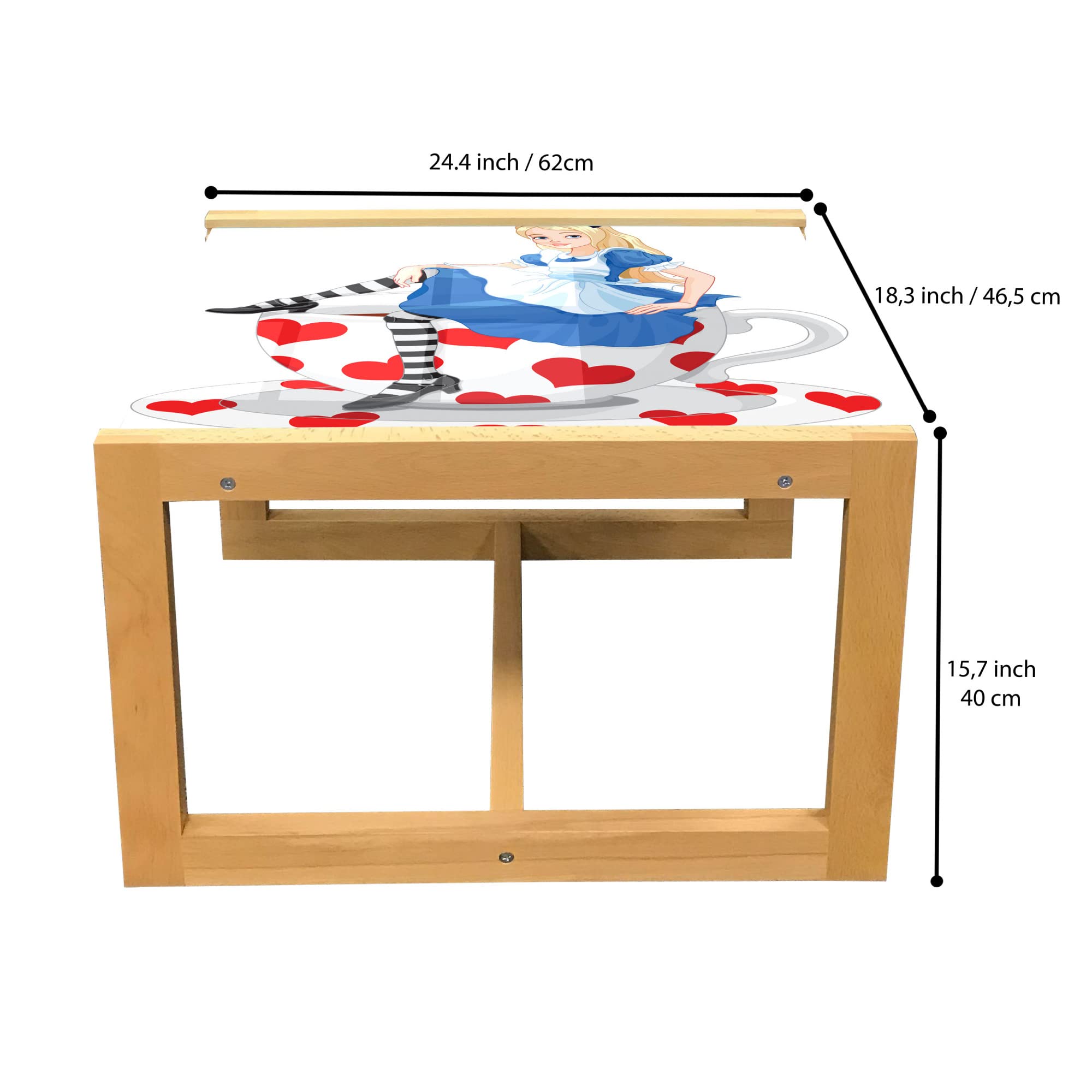Ambesonne Alice in Wonderland Coffee Table - Fantasy Tale Design with Girl Sitting on Tea Cup Heart Shape, Acrylic Glass Top & Wooden Frame - Perfect for Offices, Dorms & Living Rooms - Small Size in Blue, Vermilion & White - Great for Tea Parties, Reading Nooks & Whimsical Home Decor