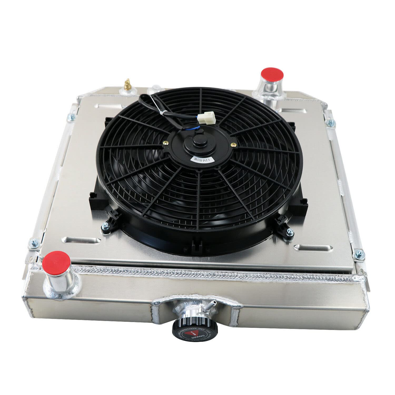 ALLOYWORKS 3 Row All Aluminum Radiator with Shroud Fan & Relay Kit - Compatible with 1969-1970 Ford Mustang, 1967-1977 Maverick (L6/V8 AT) - High Performance Cooling for Classic Car Restoration & Hot Rod Builds