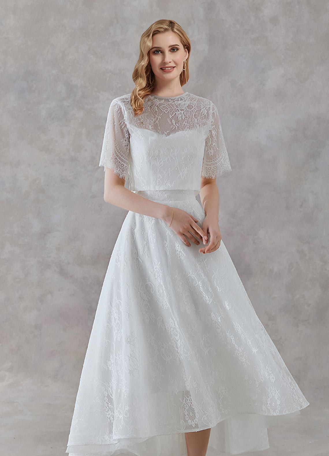 Elegant A-Line Scoop Neck Tea-Length Lace Wedding Dress - Convertible 2-in-1 Bridal Gown for Ceremony & Reception | Perfect for Beach Weddings, Garden Parties & Vow Renewals