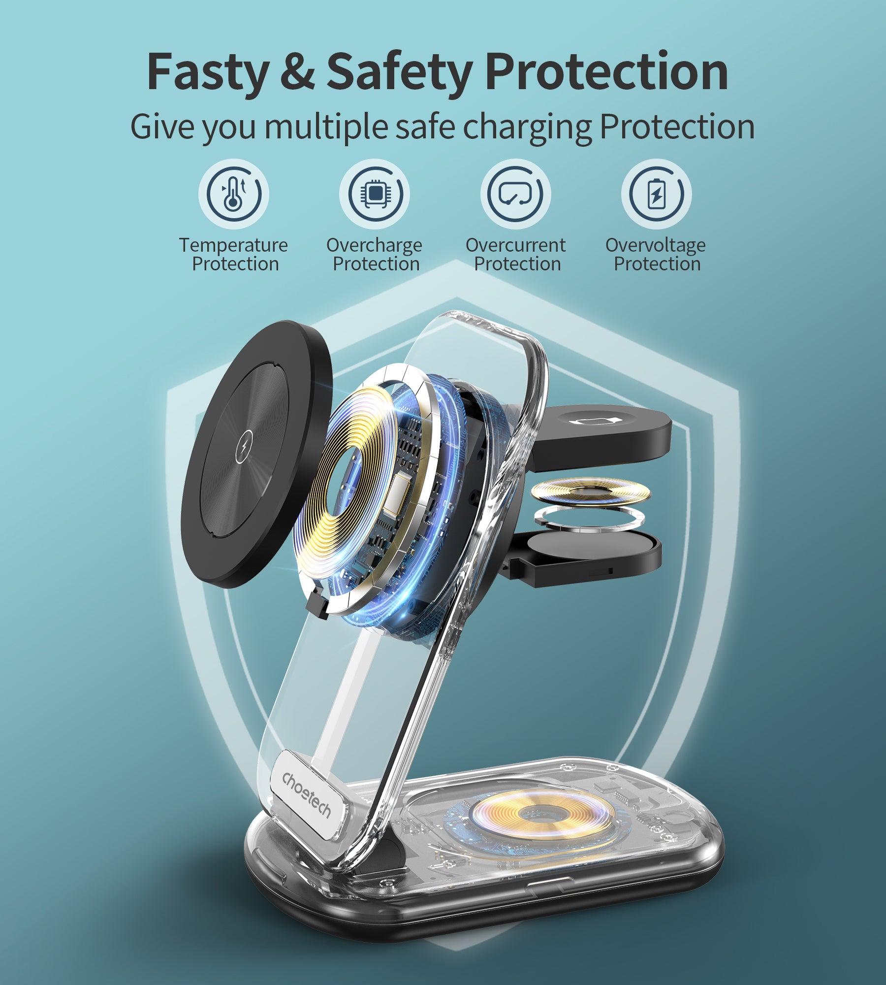Choetech 15W MagLeap Foldable 3-in-1 Magnetic Wireless Charger with Ambient Light - Fast Charging for iPhone 15/14/13, Samsung Galaxy, AirPods - Perfect for Bedside, Office & Travel
