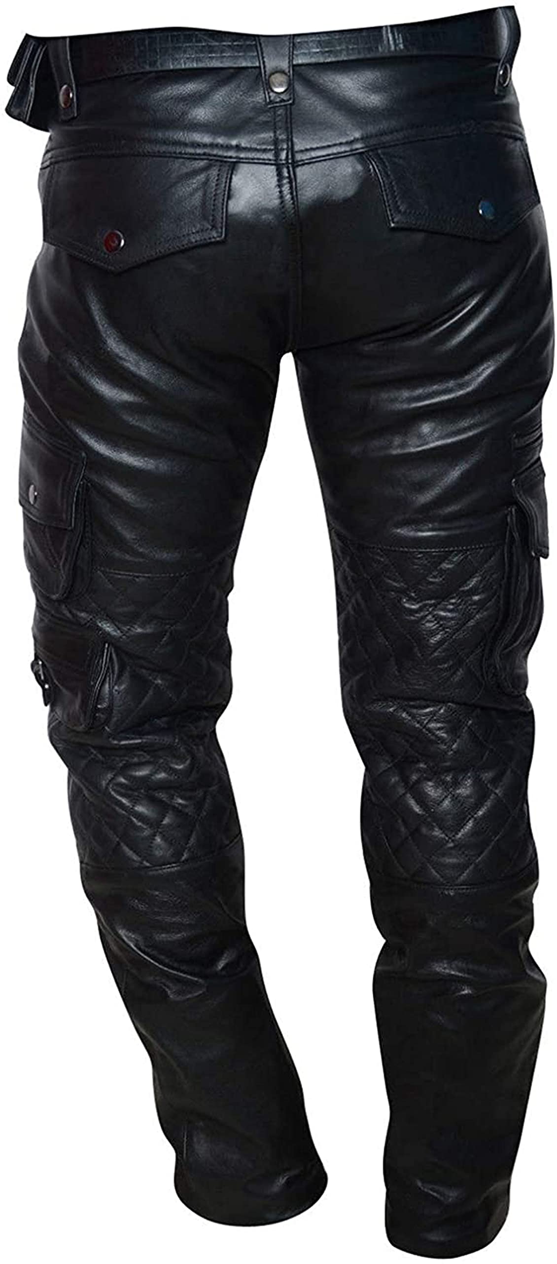 **SpazeUp Men's Cargo Leather Quilted Pants - Motorcycle Riding Pants for Men - Black Genuine Leather Trousers - Perfect for Biking, Outdoor Adventures & Casual Wear**