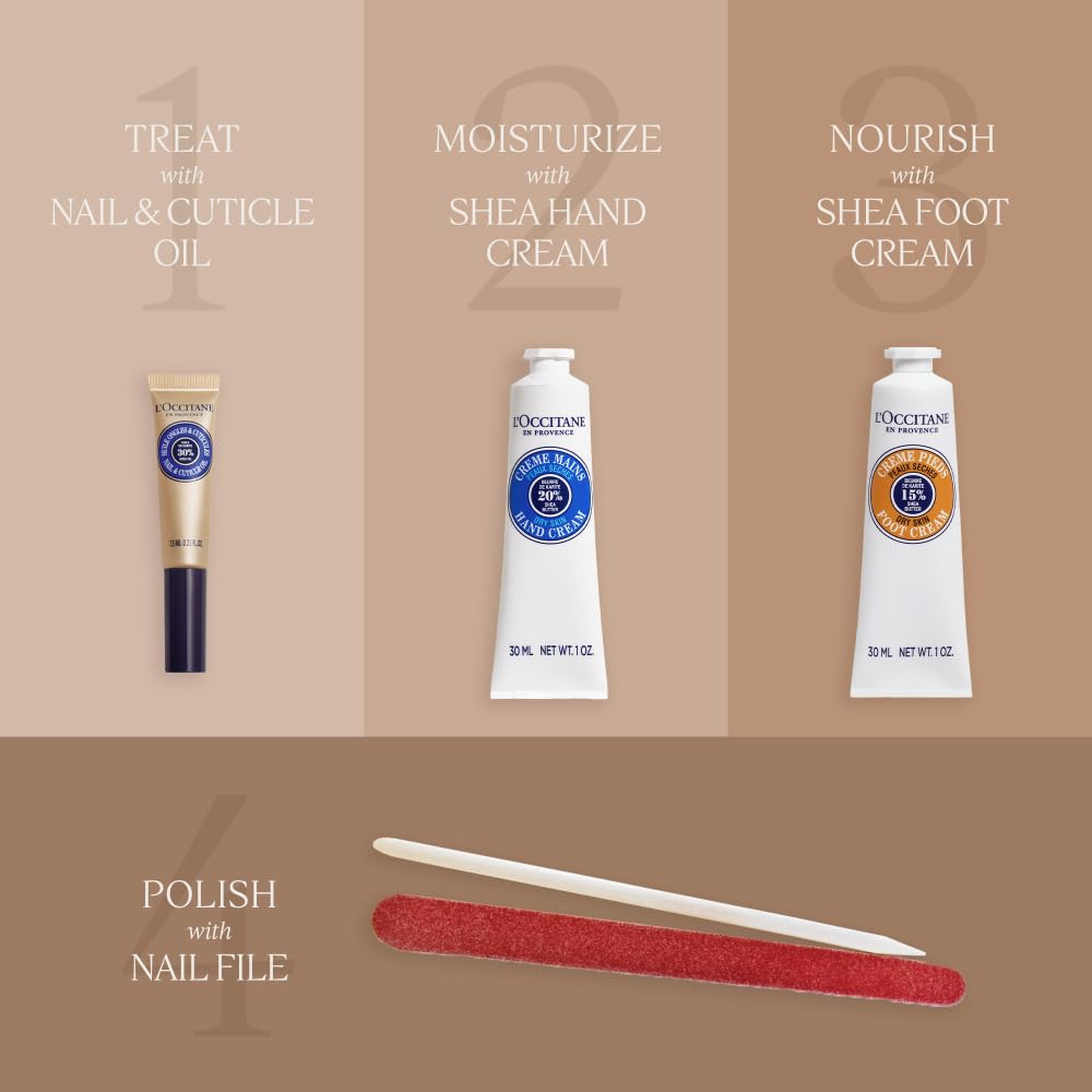 L'Occitane Shea Butter Manicure Pedicure Set - Hand Cream, Foot Cream, Nail & Cuticle Oil for Soft, Moisturized Skin | Perfect Gift Set for Spa Day & Self Care Routine