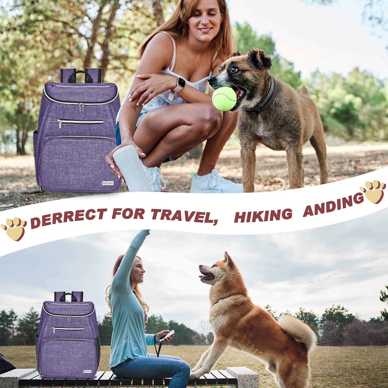 BAGLHER Airline Approved Dog Travel Backpack - Pet Carrier with 2 Collapsible Bowls & Food Containers for Small Dogs - Purple Pet Supplies for Hiking, Camping & Air Travel