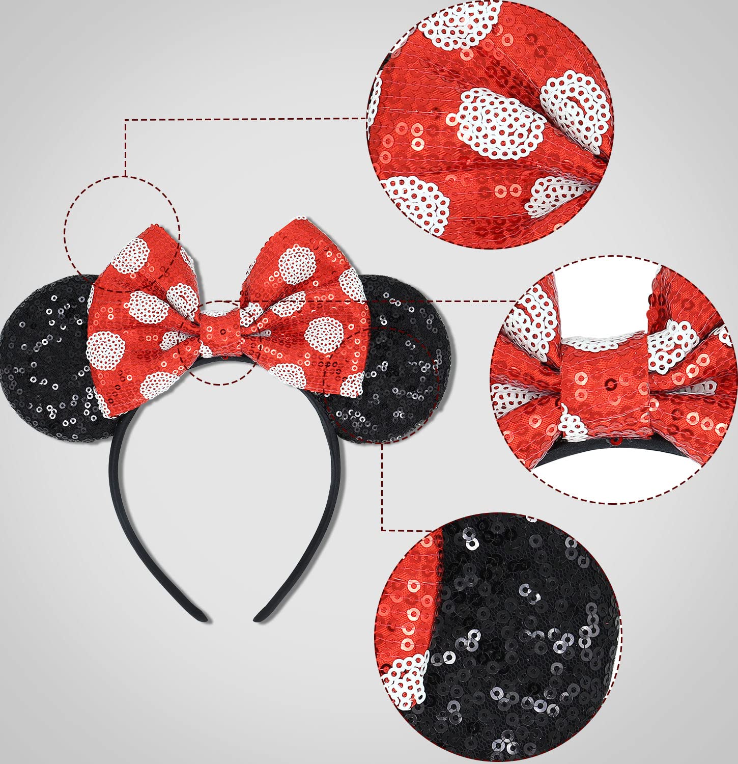 Minnie Mouse Ears Headband with Sequin Bows - 3 Pack Disney Costume Accessories for Women & Girls | Perfect for Halloween, Theme Parks & Disney Parties