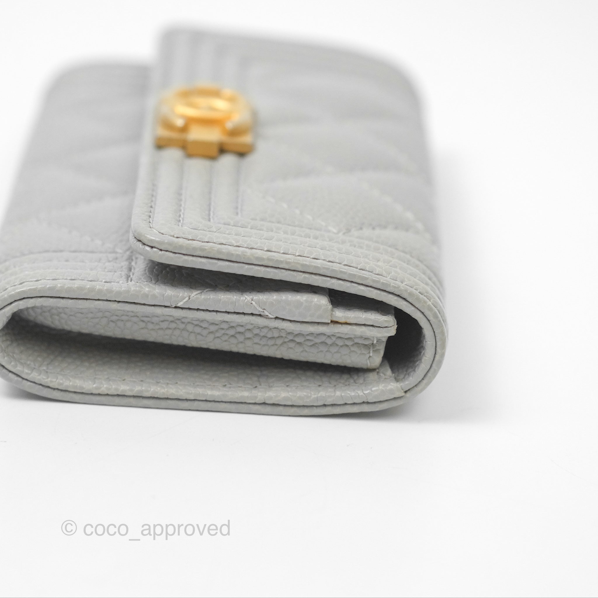 Chanel Boy Quilted Flap Card Holder Wallet in Grey Caviar Leather with Aged Gold Hardware - Perfect for Everyday Use & Luxury Gift Giving