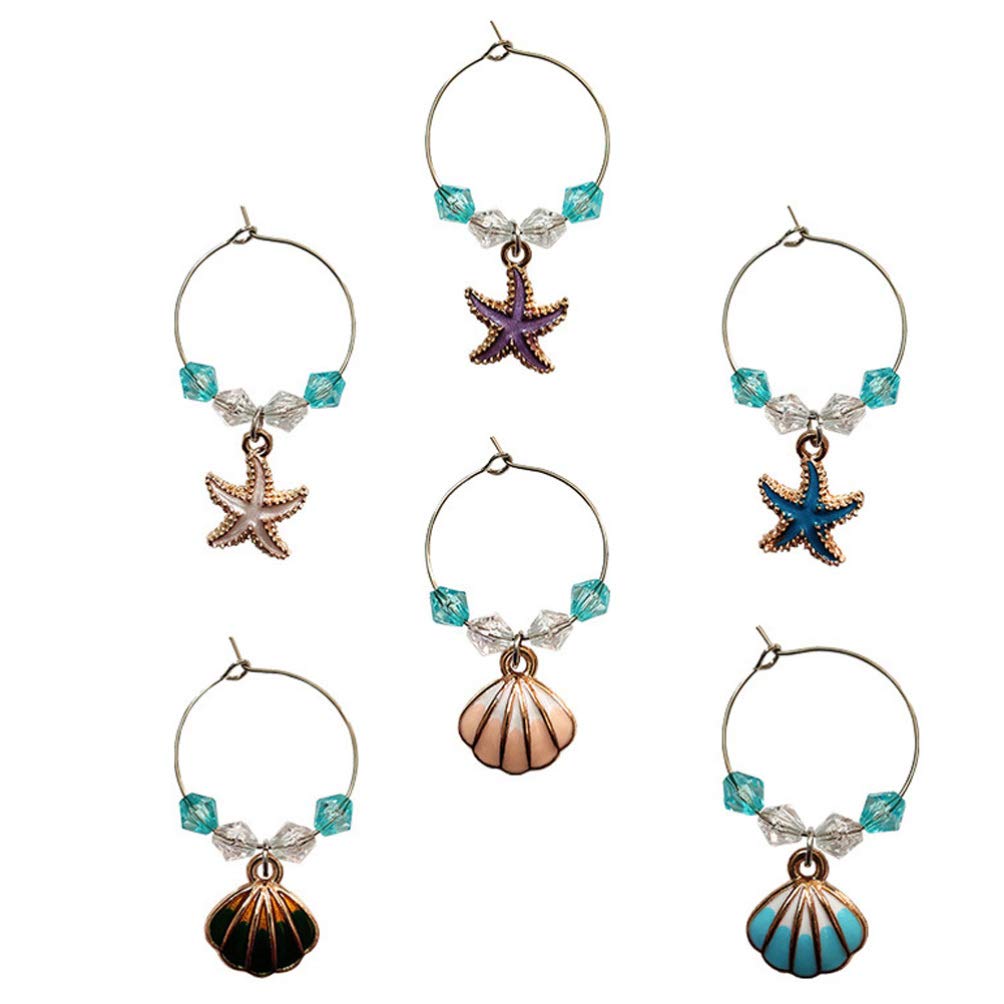 Elegant Wine Glass Charms Set of 6 - Stemware Markers for Wine Tasting, Bachelorette Parties & Beach Themed Decorations | Perfect for Wedding Favors, Bridal Showers & Hostess Gifts