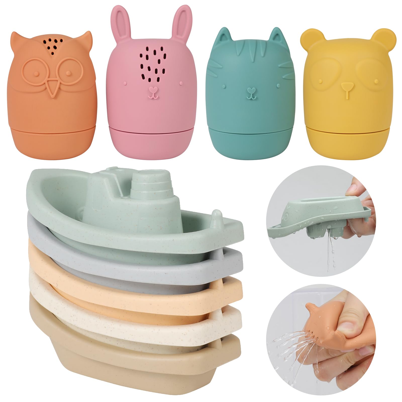 Non-Toxic Floating Bath Boats & Silicone Bathtub Toys Set - 9pcs Mold-Free Baby Bath Toys for Infants 6-18 Months | Water Table & Shower Toys for Toddlers 1-4 Years | Fun Pool Toys for Boys & Girls - Perfect for Bathtime, Sensory Play & Outdoor Water Activities