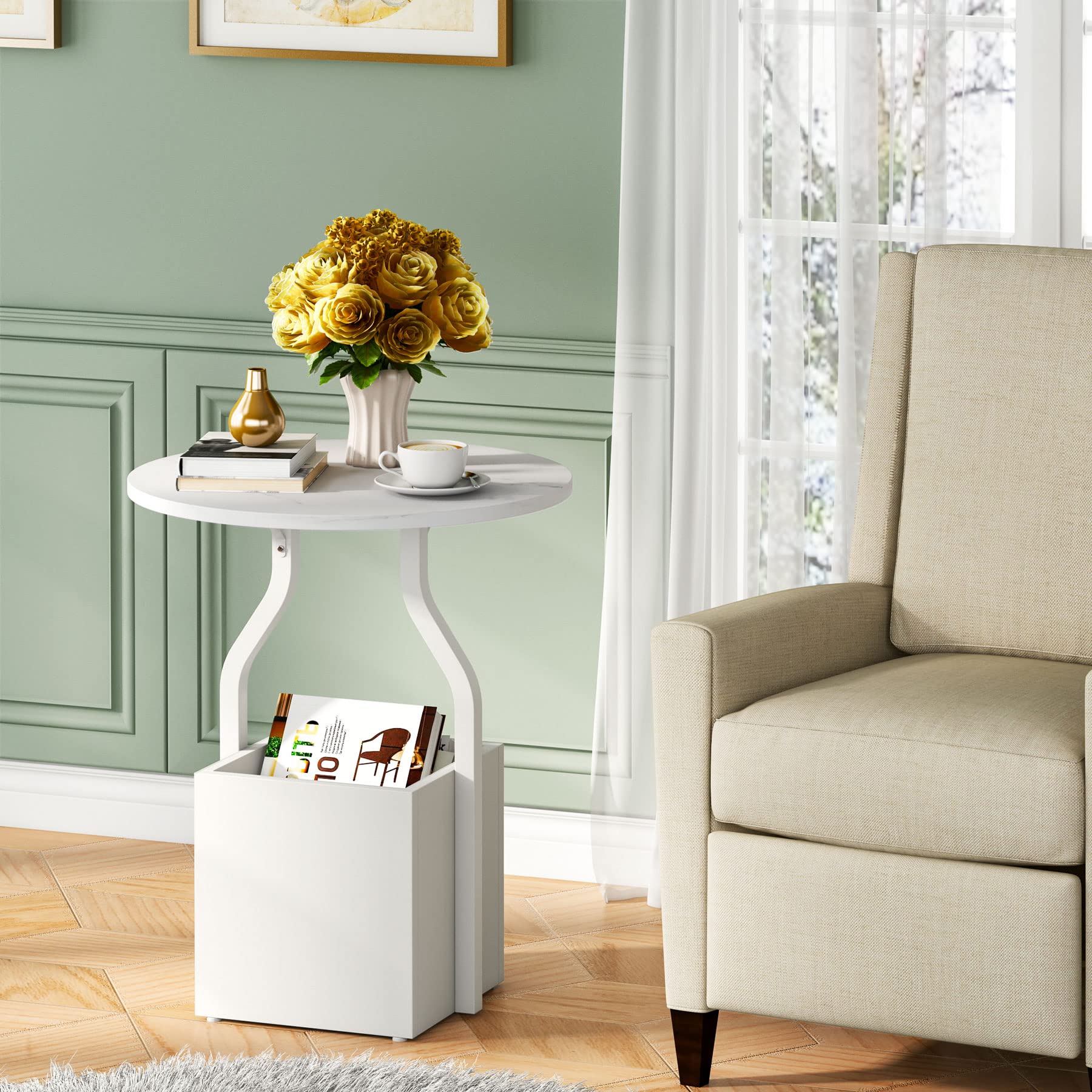 Tribesigns Modern Round End Table with Storage - White Faux Marble Finish Sofa Side Table, Coffee Snack Accent Table for Living Room, Bedroom | Perfect for Small Spaces, Reading Nooks & Coffee Time