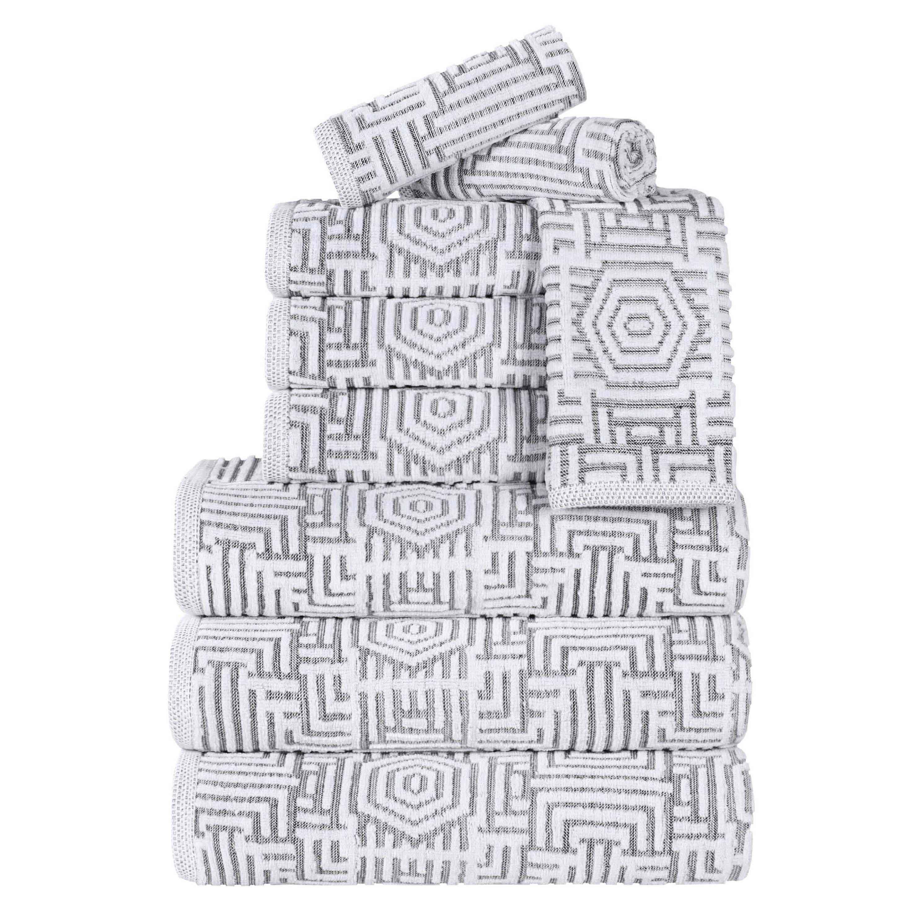 Premium Cotton Modern Geometric Jacquard Plush Absorbent 9-Piece Bath Towel Set - Soft & Quick-Drying for Spa, Bathroom, and Guest Use