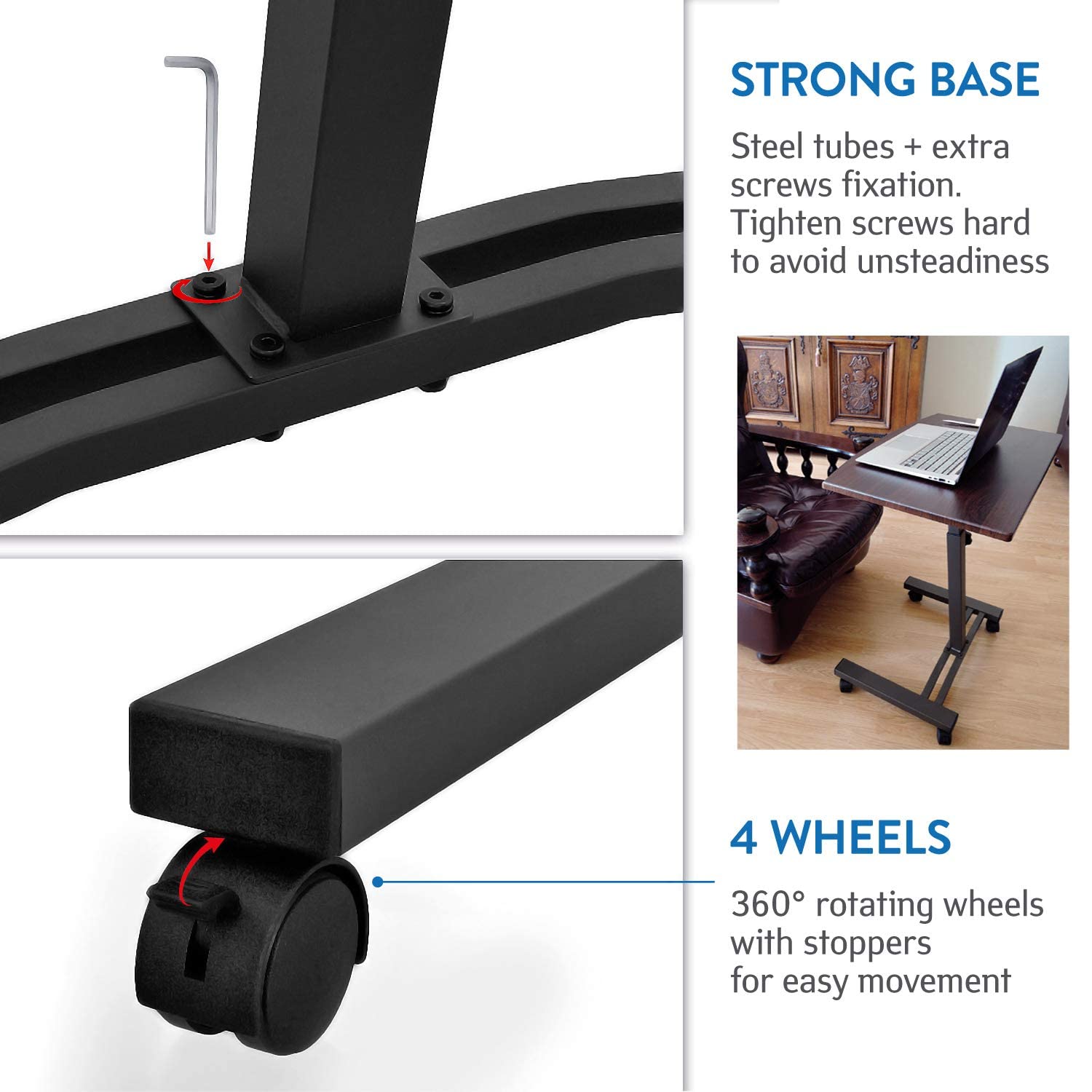 Adjustable Height Mobile Standing Desk for Laptop - 52-84cm Rolling Computer Stand with Locking Wheels | Portable Workstation for Home Office, Living Room & Small Spaces