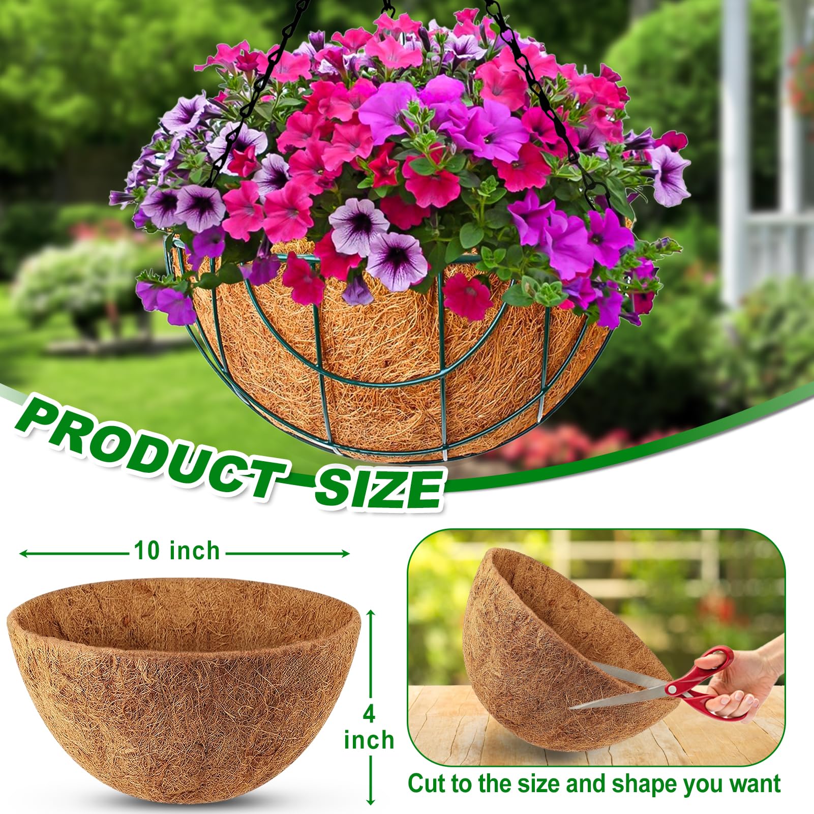 Remiawy 10 Inch Hanging Basket Coco Liners - 6 Pack Natural Coconut Fiber Planter Basket Liners for Outdoor Garden, Flowers & Vegetables | Durable, Eco-Friendly & Breathable Plant Pot Replacement | Perfect for Balcony, Patio & Indoor Decor