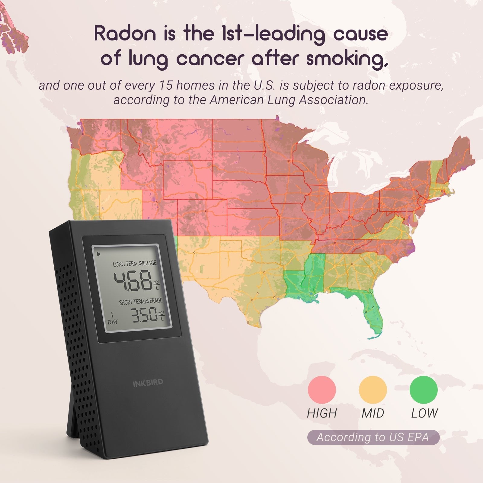 Radon Detector INK RD1 - Digital Radon Gas Monitor for Home & Office Safety - Continuous Air Quality Testing for Basements, Bedrooms & Workplaces