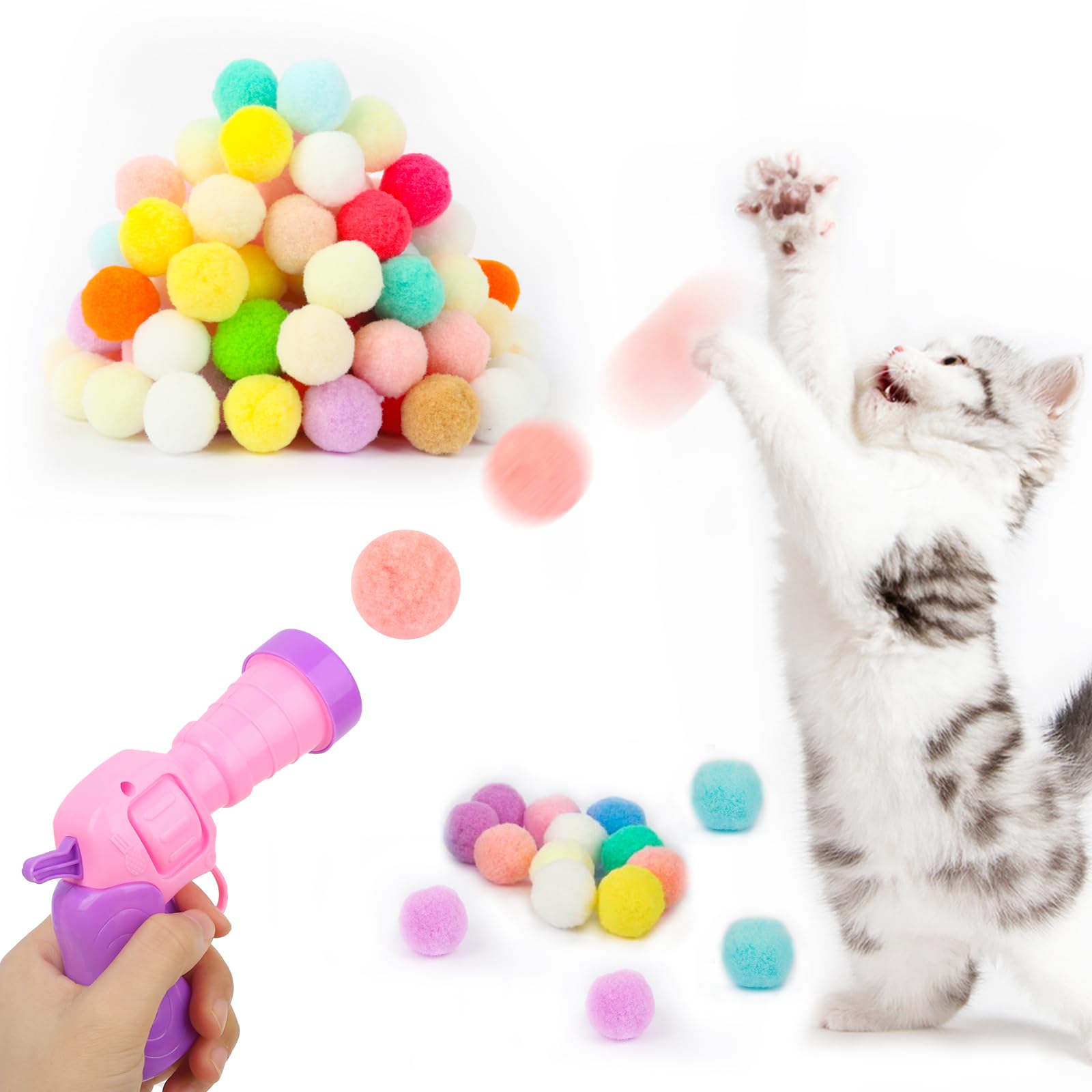 Silent Plush Elastic Cat Ball Launcher Toy with 80 Pom Pom Balls - Interactive Kitty Toy for Indoor Exercise & Play - Perfect for Active Cats & Playful Kittens - Great for Bonding & Stimulating Your Feline Friend (Pink)