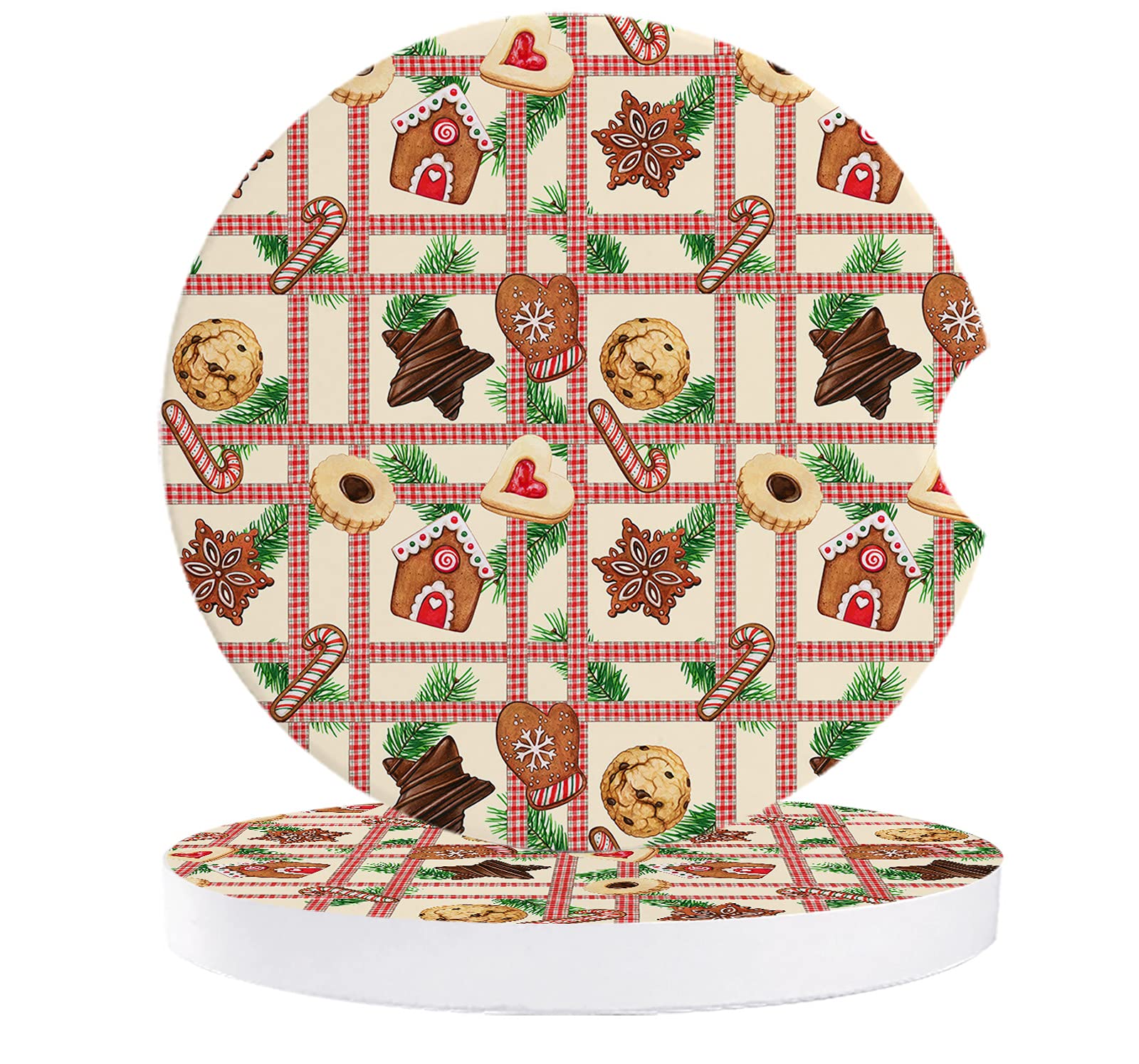 Christmas Gingerbread Man Ceramic Car Coasters - Absorbent Cup Holder Mats with Finger Notch for Easy Removal (2-Pack) | Holiday Car Accessories for Christmas Decor & Gift Giving