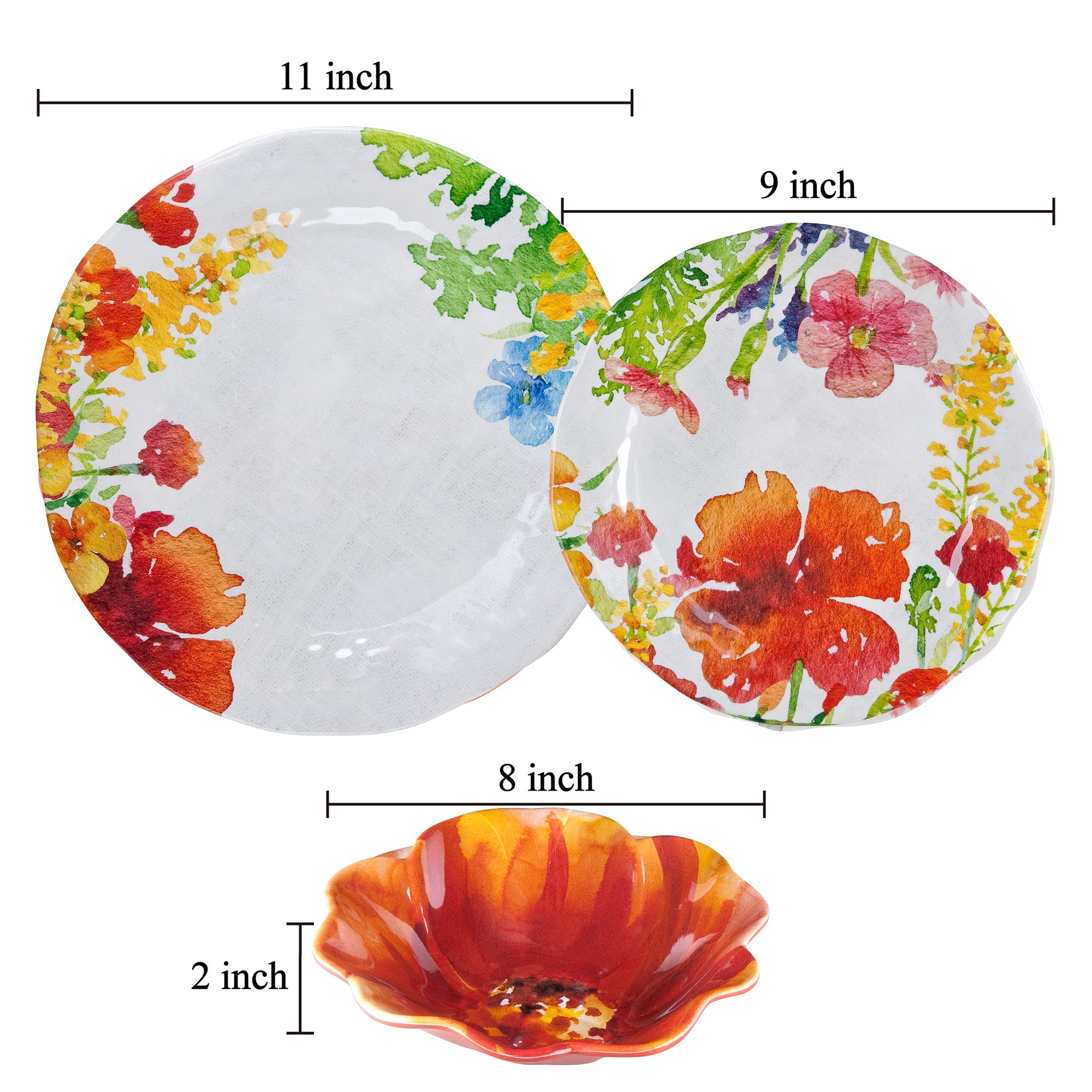 UPware 12-Piece Melamine Dinnerware Set - 4 Dinner Plates, 4 Salad Plates & 4 Bowls, Durable Unbreakable Dish Set for Outdoor Dining, Camping, Picnics & Everyday Use (Floral Design)