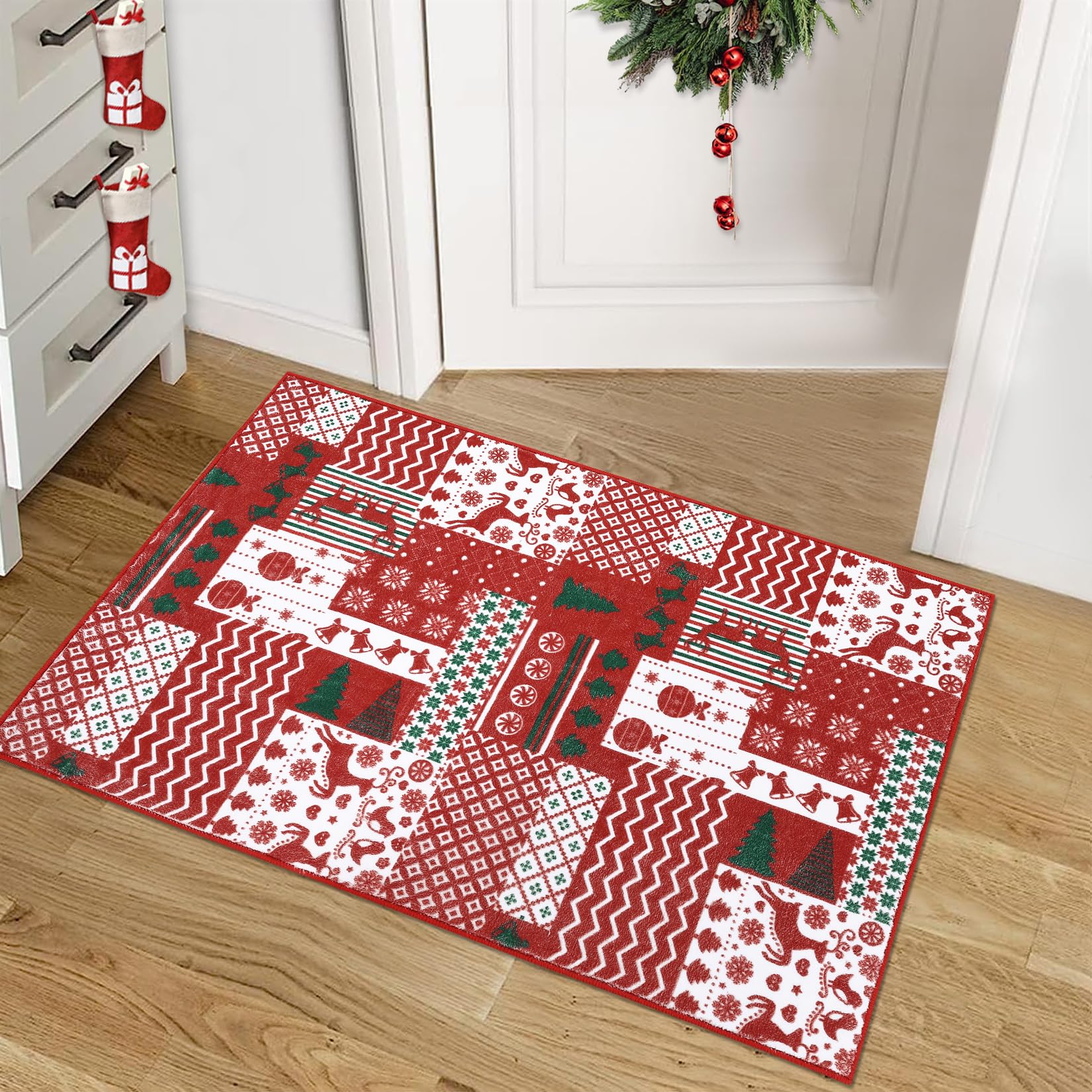 Christmas Patchwork Non-Slip Washable Area Rug 2x3 Feet - Holiday Decorative Doormat for Entryway, Kitchen, Bathroom & Front Entrance - Perfect for Indoor Festive Decor & Home Safety