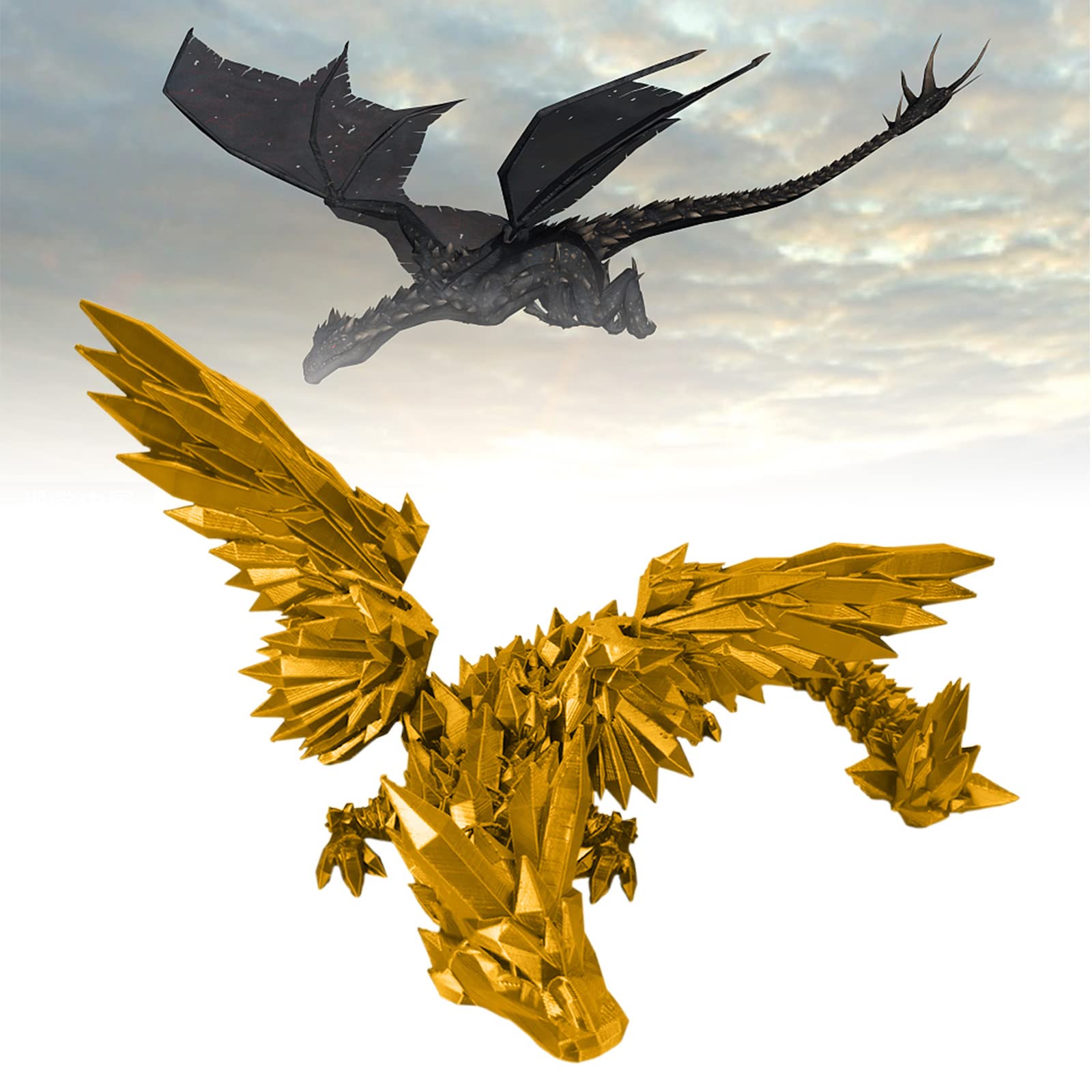 3D Printed Dragon Action Figure - Flying Diamond Dragon with Movable Joints & Wings - Collectible Monster Toy for Adults & Collectors - Silk Gold Dragon King (9.8 Inch) - Perfect for Home Decor, Stress Relief & Fantasy Collections
