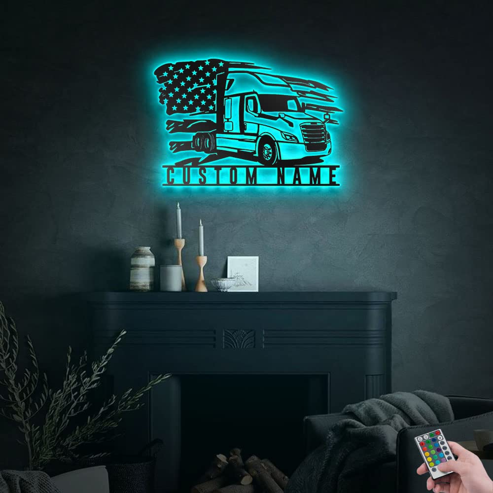 Custom Cascadia Truck Metal Wall Art with LED Lights - Personalized Trucker Black Metal Sign for Living Room, Outdoor Decor - Large 24x24 Inch Home Gift for Truck Drivers - Perfect for Man Cave, Garage & Office Decor