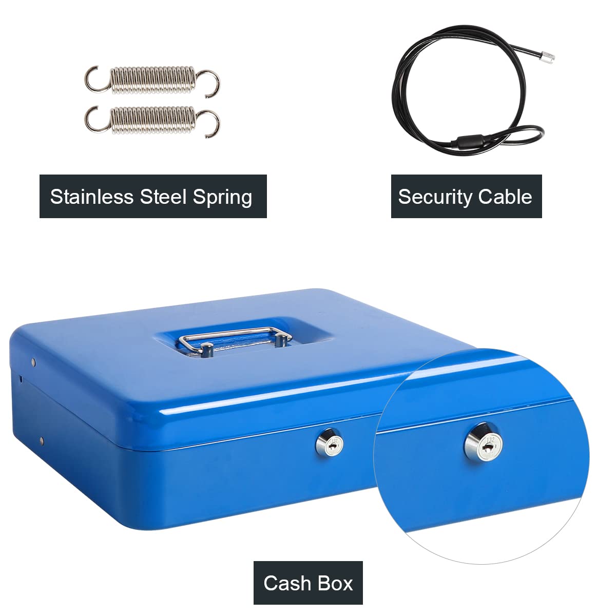 Durable Metal Cash Box with Key Lock & Money Tray - Secure Cash Storage Safe with Security Cable for Home, Office & Retail Use (Blue)