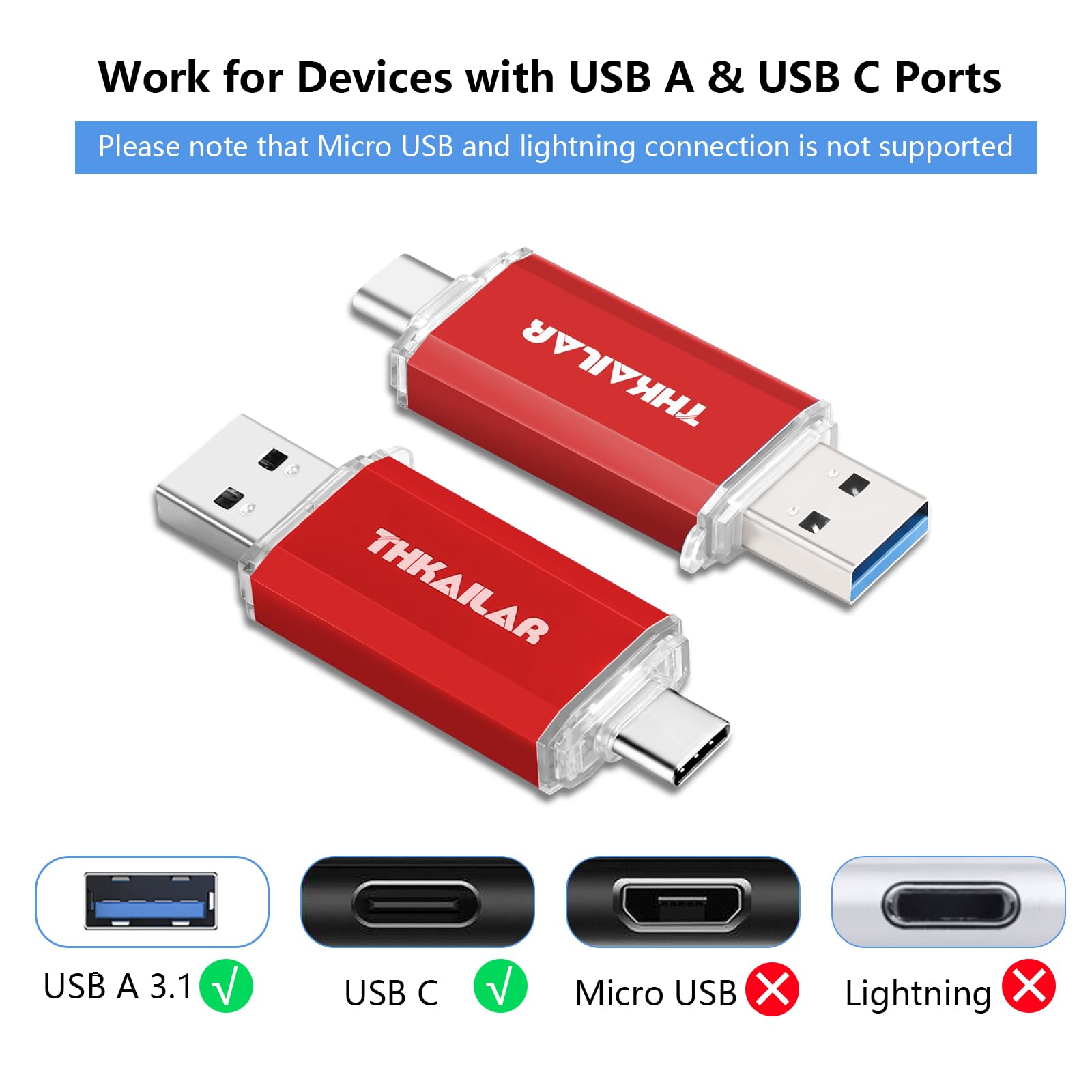 128GB USB C Flash Drive 3.1 Gen 1 - Dual USB A & C OTG Thumb Drive - High Speed External Memory Stick for PC, Android, Laptop, Tablet - Perfect for Work, School & Travel Data Storage (Red)