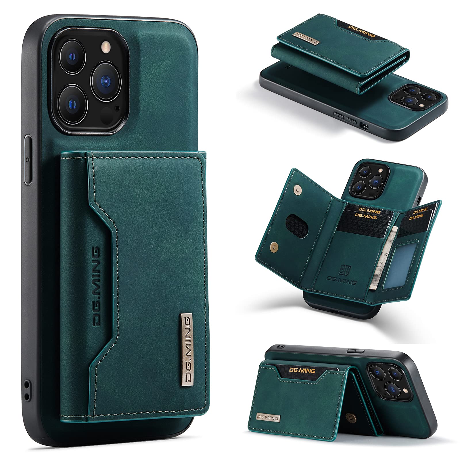 Premium Leather Wallet Case for iPhone 13 Pro Max - Magnetic Detachable Trifold Cover with Card Holder & Pocket | Slim Protective Phone Case for Daily Use, Travel & Business (Green)