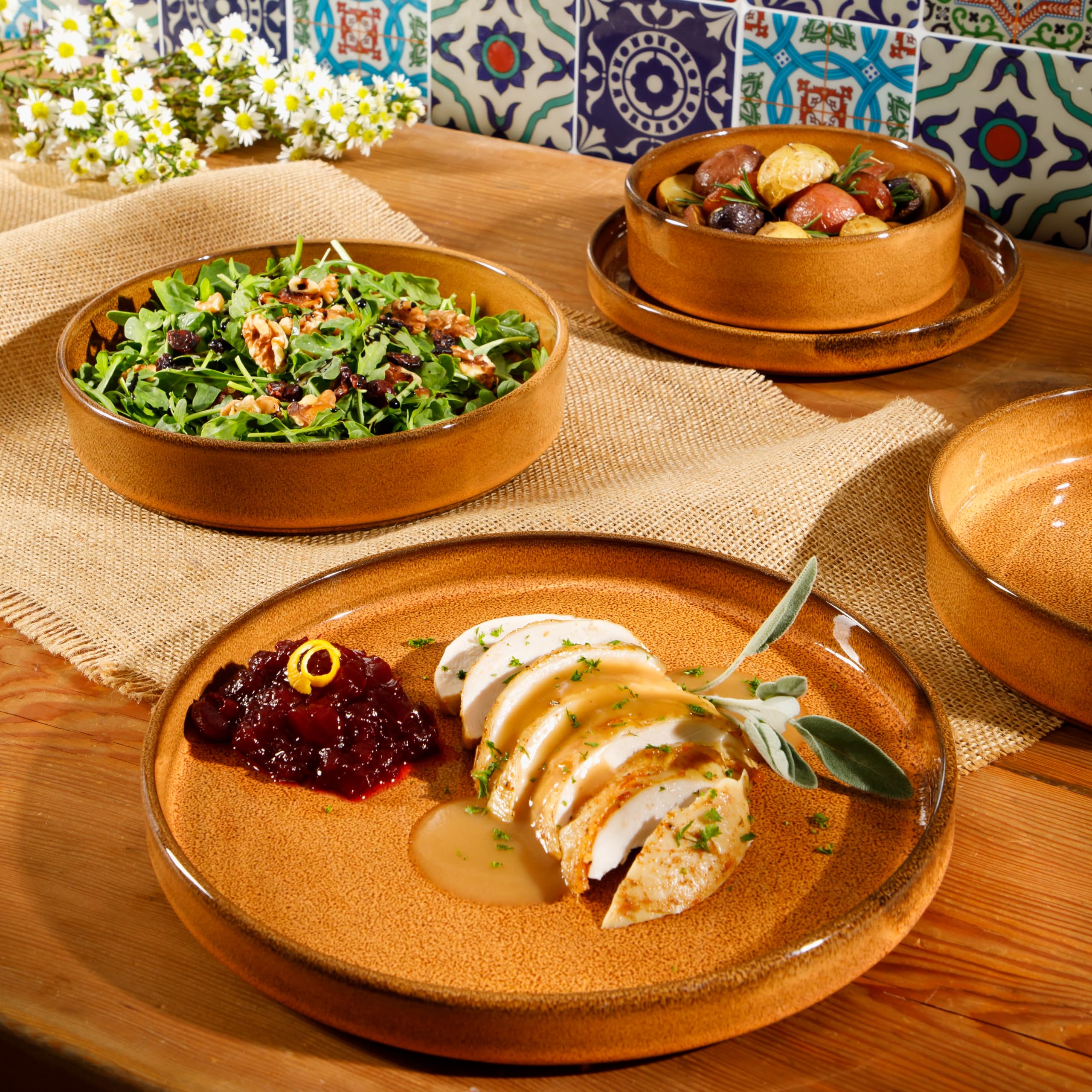Oprah's Favorite Santorini Mist Terracotta Reactive Glaze Dinnerware Set - 16-Piece Double Bowl Plates & Bowls in Amber (Service for 4) | Elegant Table Setting for Mediterranean Dining & Entertaining