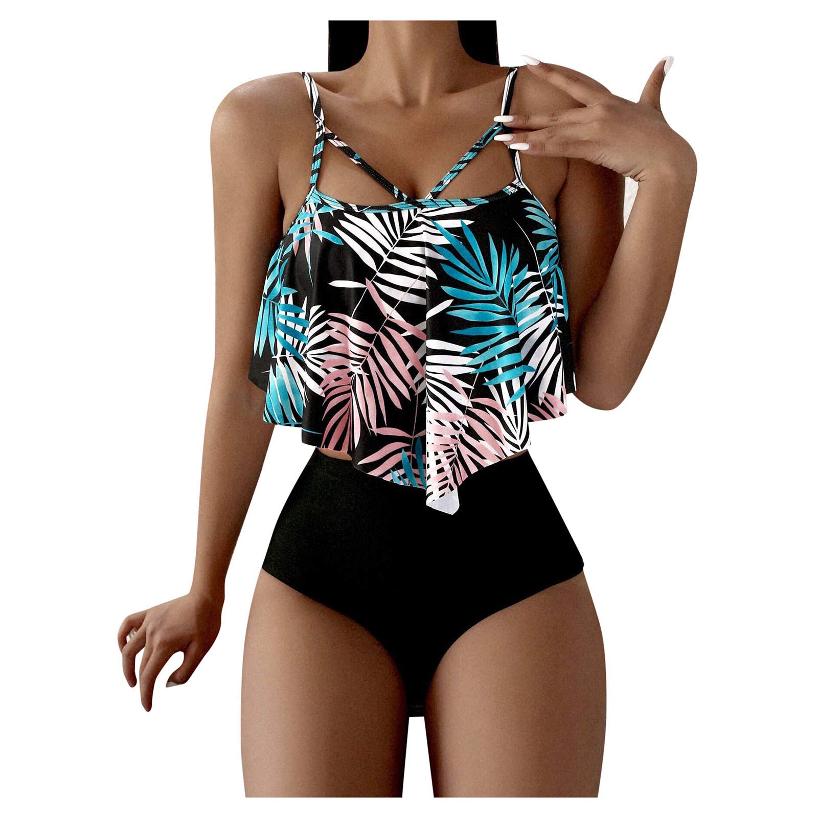 Women's Floral Print Two Piece Swimsuits - Ruffled Flounce Top & High Waisted Bikini Bottom | Beach Vacation, Pool Party, Summer Outfit