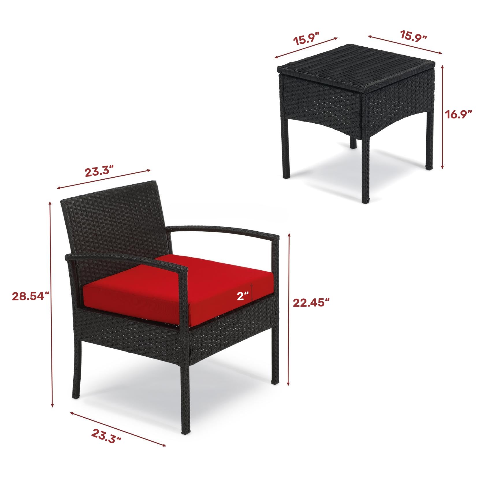 **3-Piece Outdoor Patio Set - Wicker Bistro Chairs with Table & Cushions for Balcony, Backyard, Porch - Perfect for Relaxing & Entertaining (Red)**