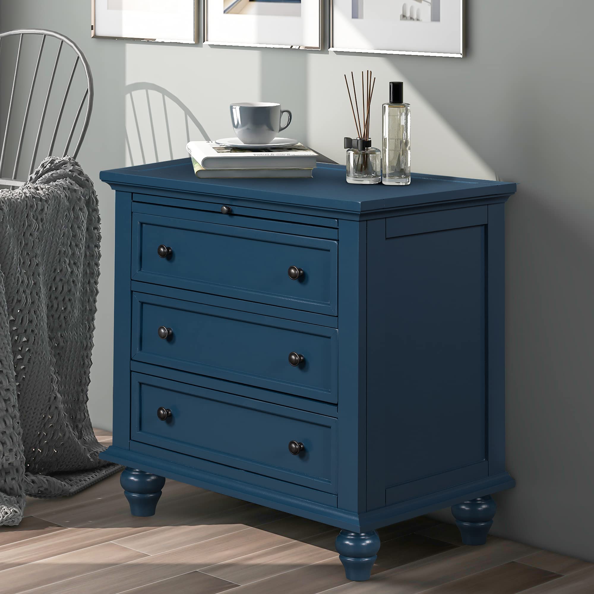 Modern 3-Drawer Wood Storage Cabinet - Sofa Table, Console Table & End Table with Pull-Out Tray - Entryway, Living Room & Bedroom Accent Furniture (Blue) - Perfect for Small Space Organization & Home Decor