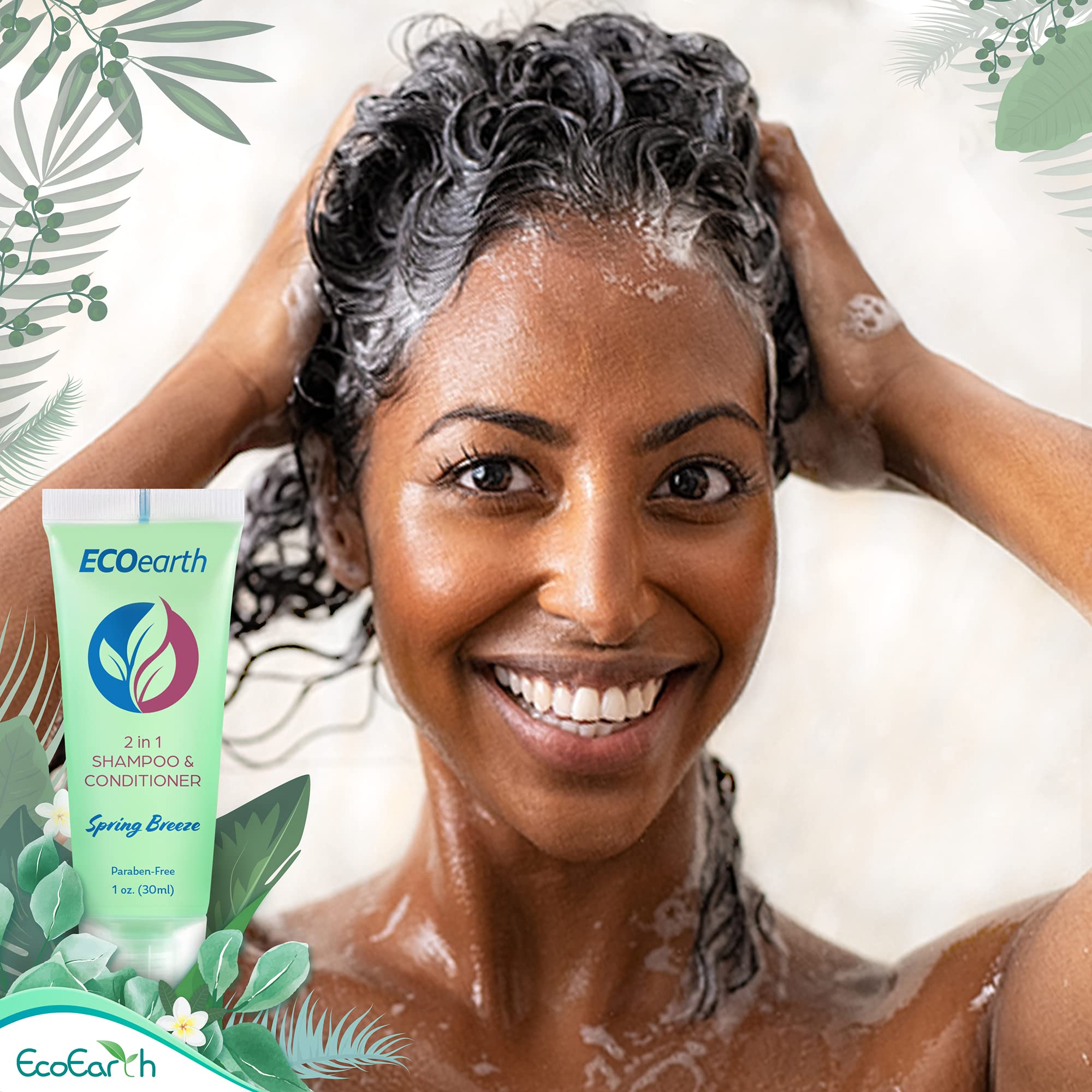 EcoEarth Travel Size 2-in-1 Shampoo & Conditioner (1 fl oz, 100 Pack) - Spring Breeze Scent | Bulk Hotel Toiletries for Guests | Moisturizing & Refreshing Hair Care | Perfect for Hotels, Airbnbs, Gyms, and Travel Amenities