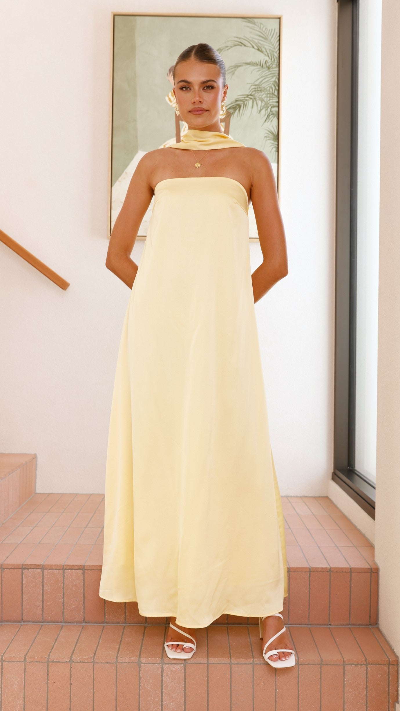Strapless Scarf Maxi Dress in Yellow - Elegant Summer Beach Wedding Party Dress for Women