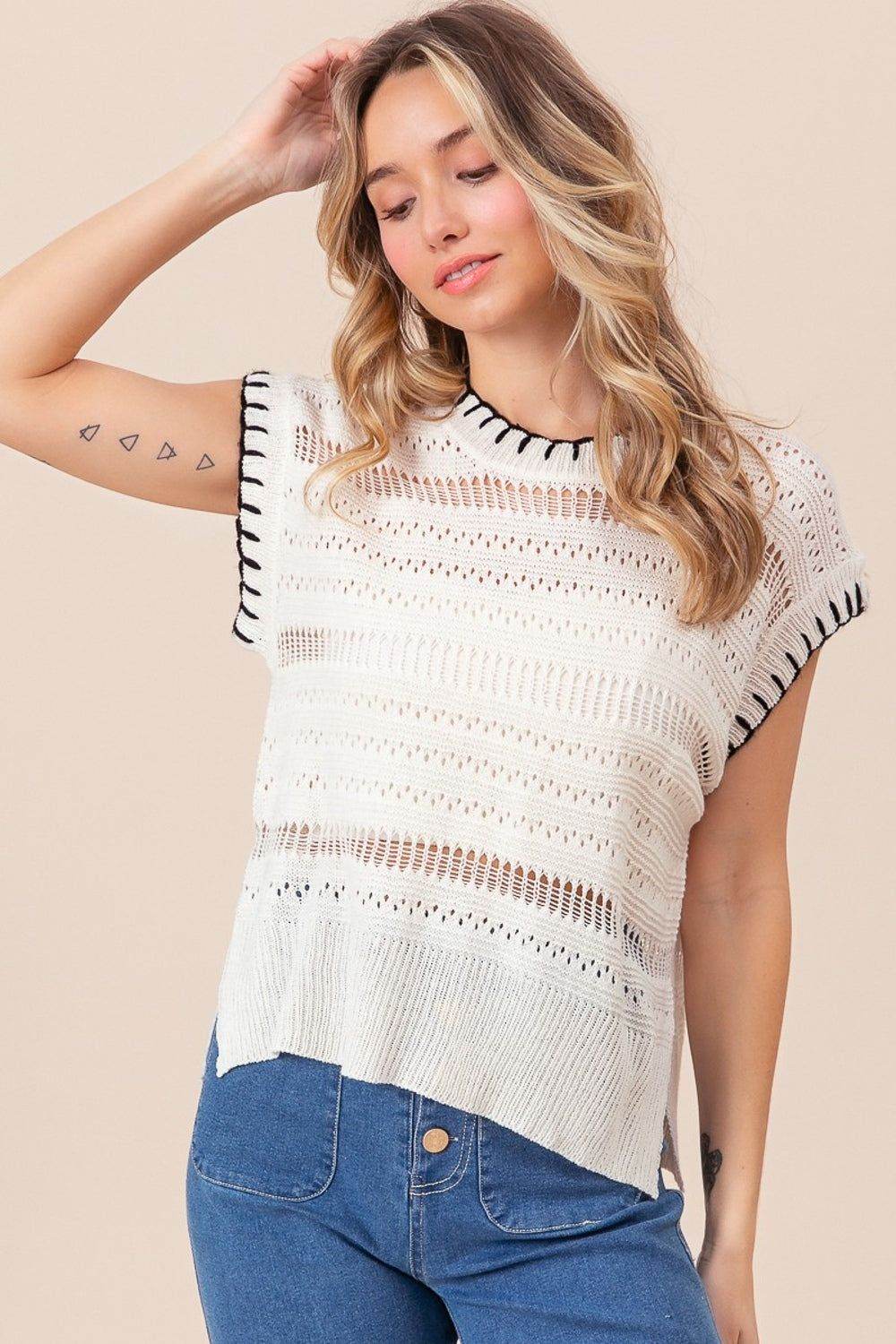 BiBi Stitch Edge Pointelle Side Slit Sweater Vest for Women - Trendy Knit Sleeveless Pullover for Layering, Office Wear & Casual Outfits