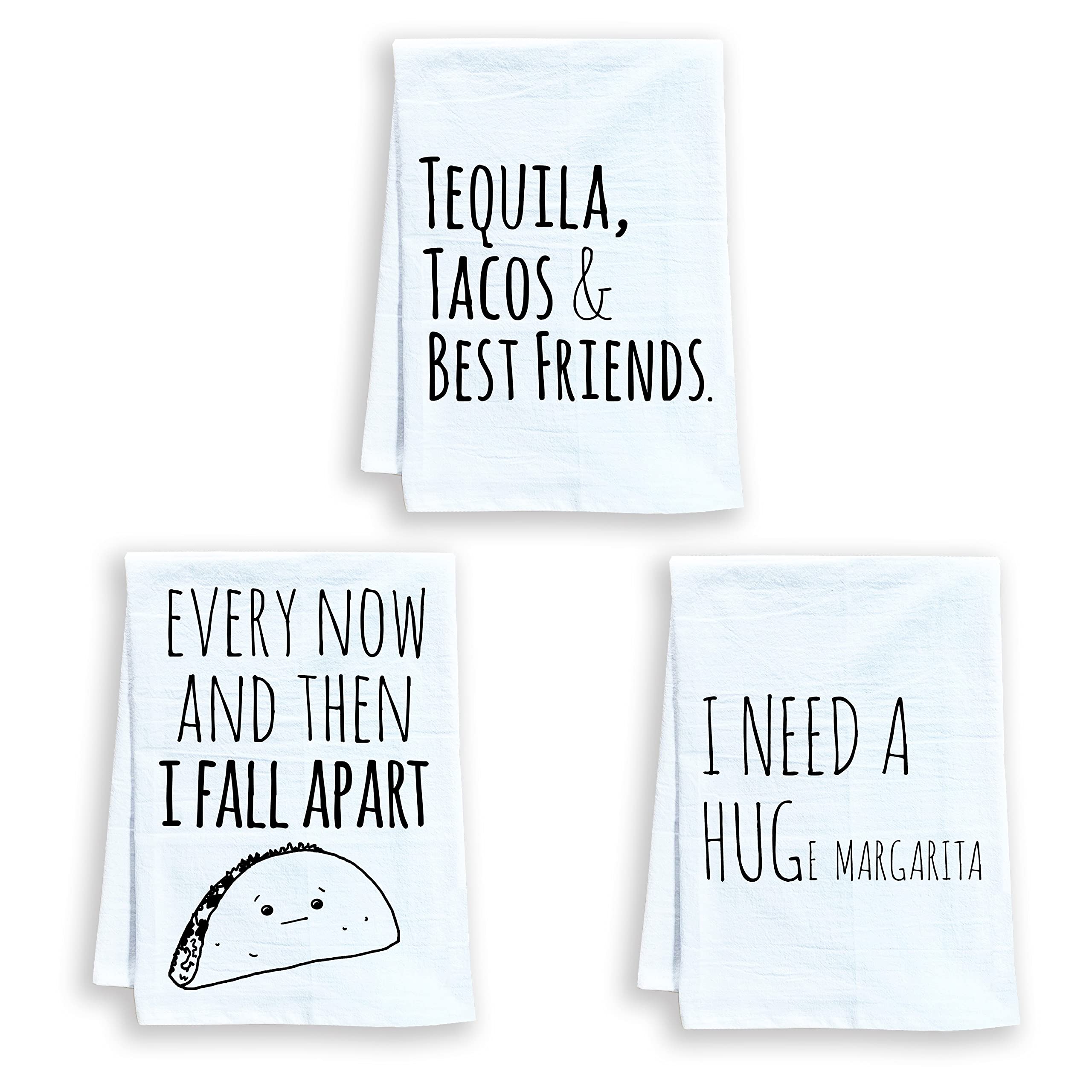 Moonlight Makers Funny Dish Towels Set of 3 - Fiesta Themed Kitchen Towels with Humorous Designs (Margarita, Taco & Tequila Patterns) - Absorbent Flour Sack Towels for Farmhouse Kitchen Decor - Perfect for Parties, Mexican Themed Dinners & Gifts