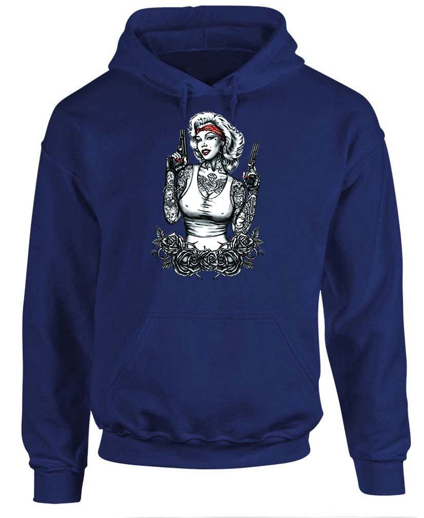 Stylish Marilyn Tattoo & Guns Fleece Pullover Hoodie - Vintage Blonde Bombshell Design - Cozy Winter Fashion for Women | Perfect for Casual Wear, Street Style & Gift Giving