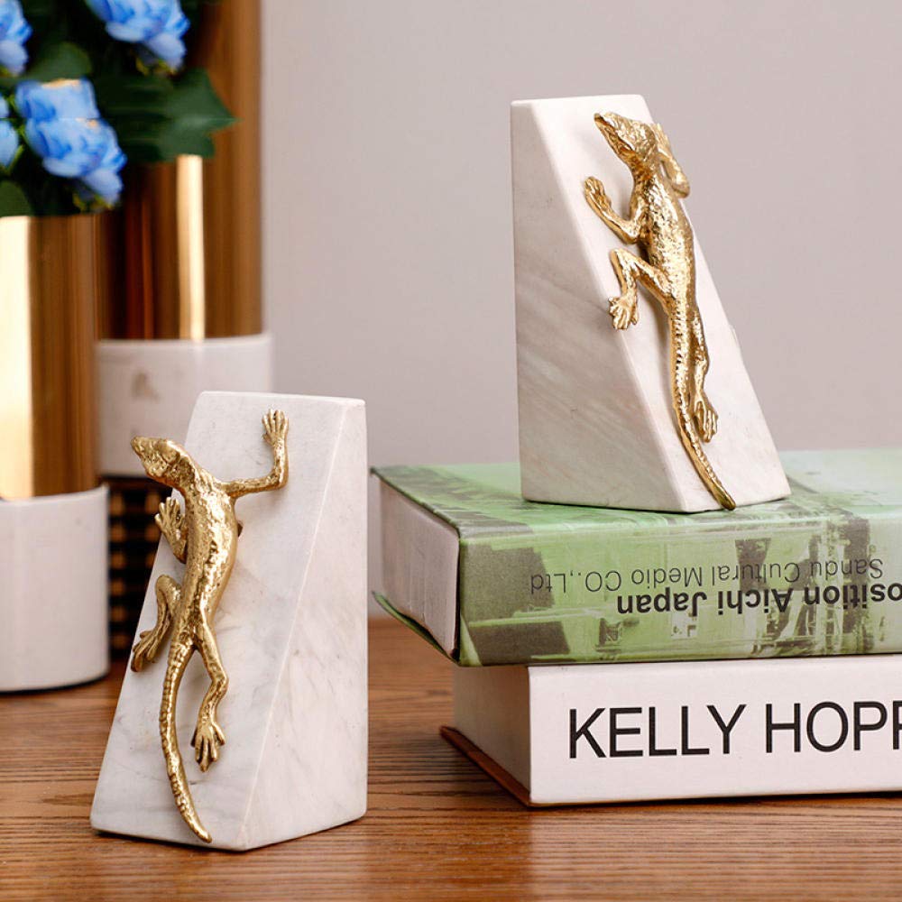 Golden Gecko Sculpture - Pair of Metal Crawling Geckos on Marble Base for Home & Office Décor | Elegant Desktop Statue for Living Room, Bookshelf, or Workspace Decor
