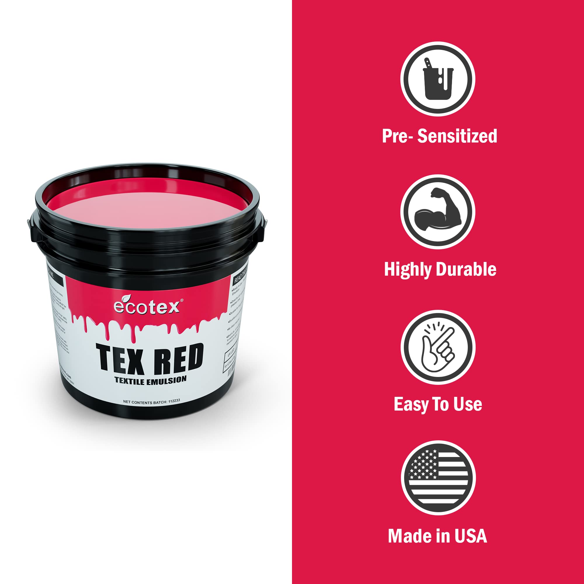 Ecotex® Tex-Red Screen Printing Emulsion (1 Gallon - 128oz) - Pre-Sensitized Photo Emulsion for Silk Screen & Fabric Printing - Works with Plastisol Inks - Professional Photopolymer Emulsion for DIY T-Shirts, Posters & Textile Arts
