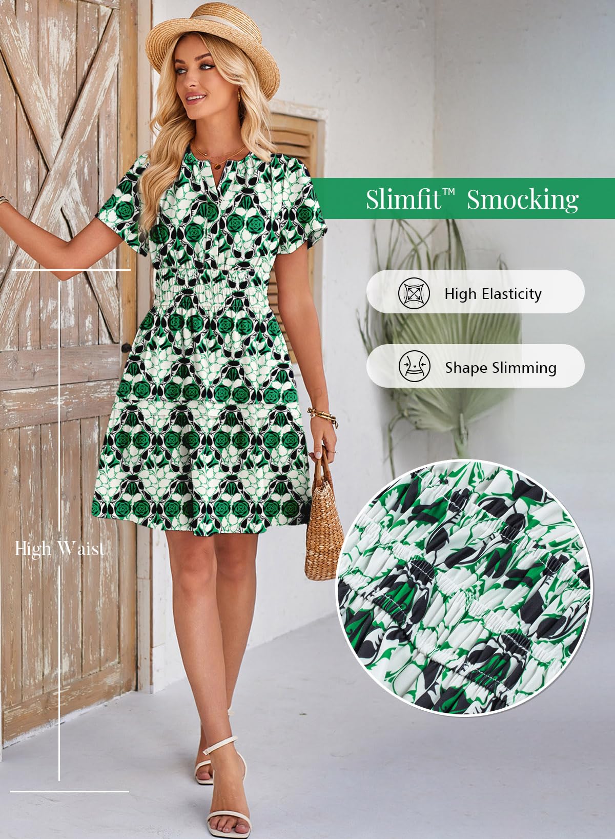 Duigluw Women's Summer Casual V-Neck Short Sleeve A-Line Ruffle Flowy Mini Dress - Perfect for Beach Vacations, Date Nights & Outdoor Parties