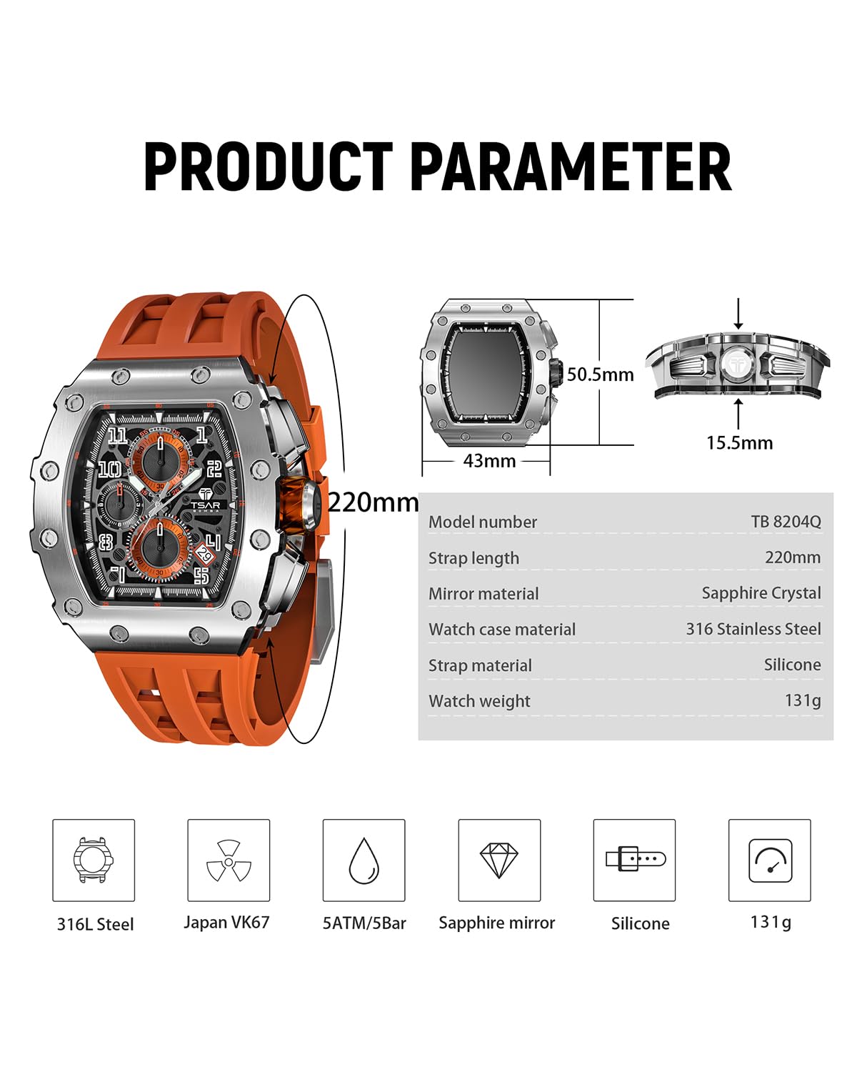 TSAR BOMBA Men's Luxury Chronograph Watch - Japanese Quartz Movement, Sapphire Crystal, 50M Water Resistant, Luminous Diver Watch with Rubber Strap - Perfect Gift for Him | Business, Casual & Outdoor Activities