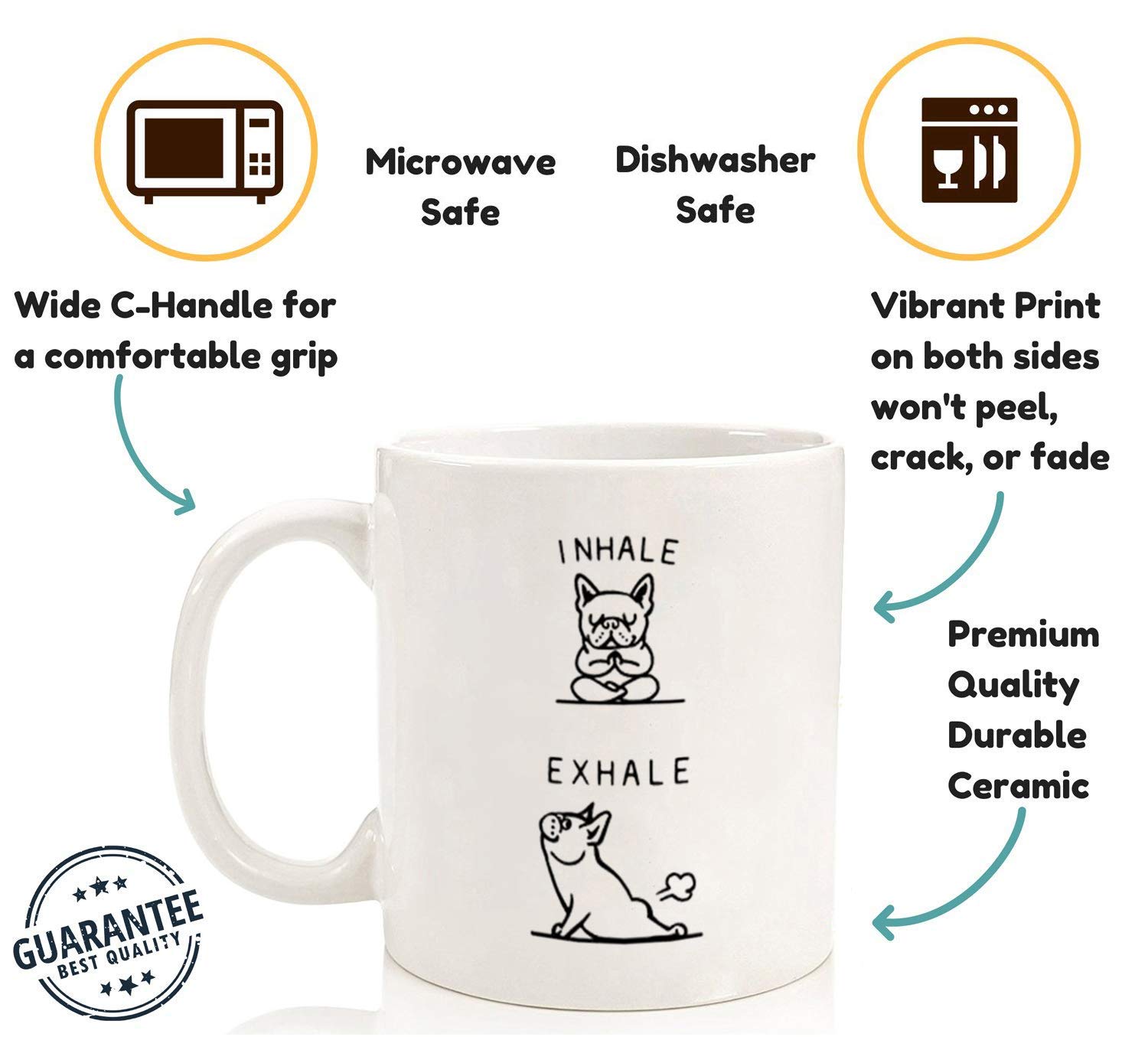 Funny Ceramic White Coffee Mug with Cute Yoga Pug Design - 11 oz Microwave & Dishwasher Safe Cup - Perfect for Yoga Lovers, Office Use & Gift Giving - Inhale Exhale Inspirational Quote
