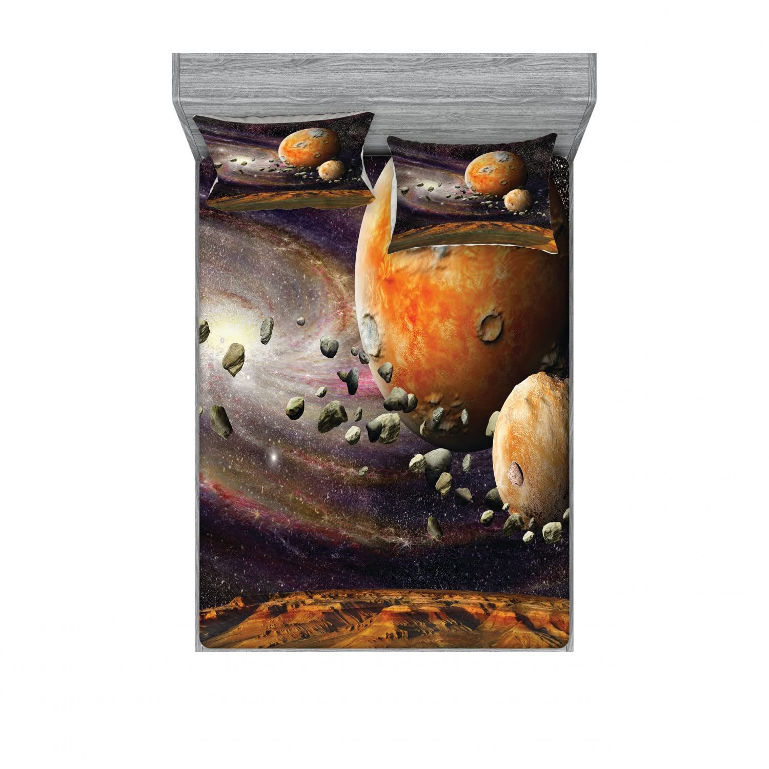 Ambesonne Galaxy Queen Size 2-Pack Fitted Sheet & Pillow Sham Set - Space Planets Universe Themed 4-Piece Bedding Decor (2 Fitted Sheets + 4 Pillow Covers) in Green & Purple - Perfect for Astronomy Lovers' Bedroom, Dorm Room or Space-Themed Decor