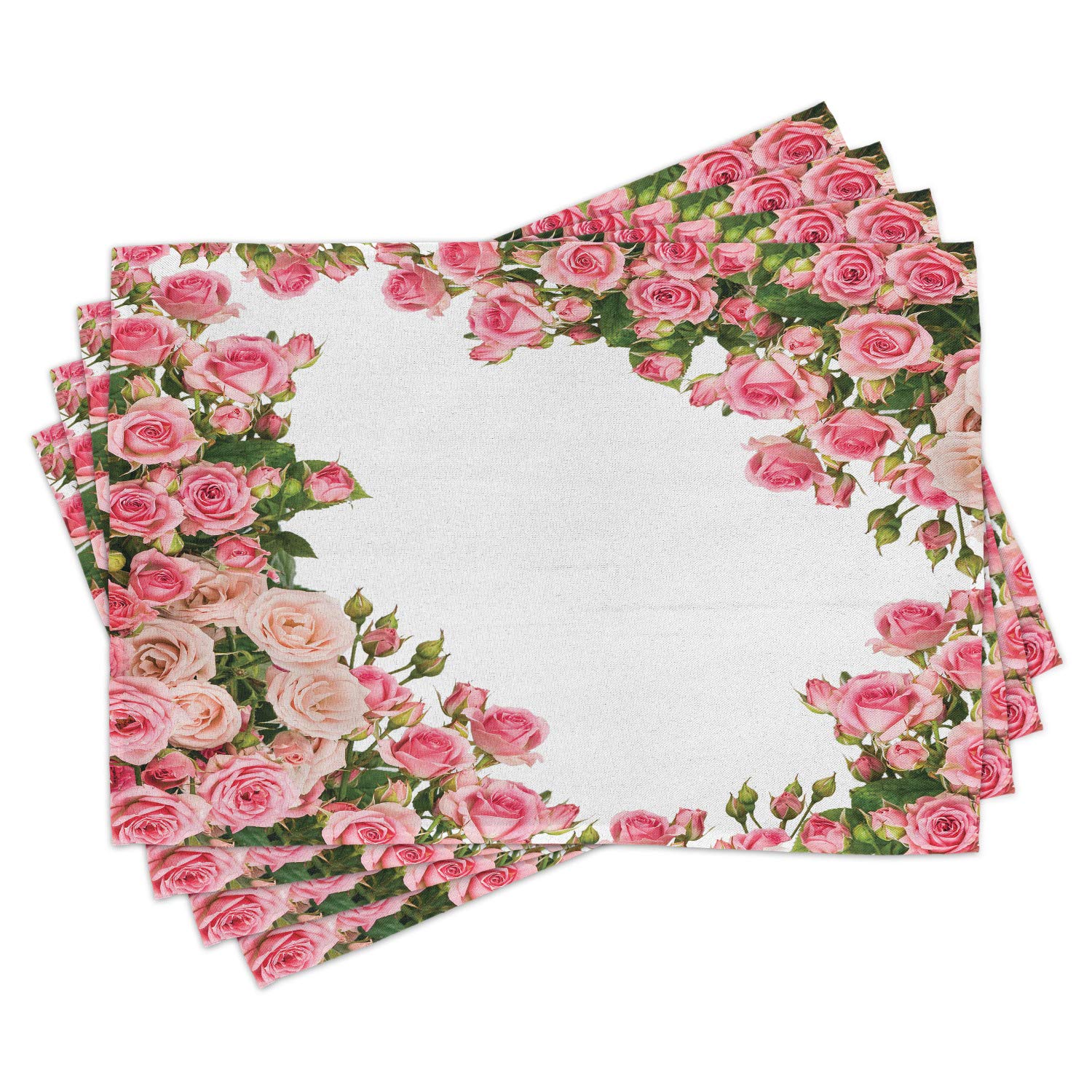 Lunarable Rose Place Mats Set of 4 - Floral Rose Bushes Frame with Bridal Elements, Washable Fabric Table Mats for Dining Room & Kitchen Decor in Pink, Green & White | Perfect for Weddings, Summer Parties & Home Decor