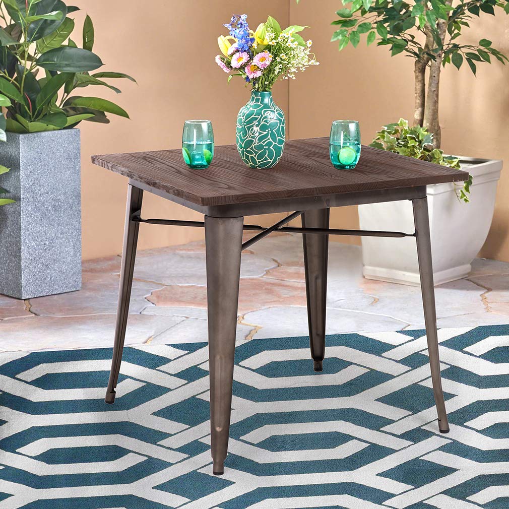 Heavy Duty Outdoor Dining Table 31x31 Inches - Metal Base with Wood Top for Patio, Restaurant & Home - Bronze Finish Indoor/Outdoor Kitchen & Coffee Table for Backyard, Garden & Cafe Use