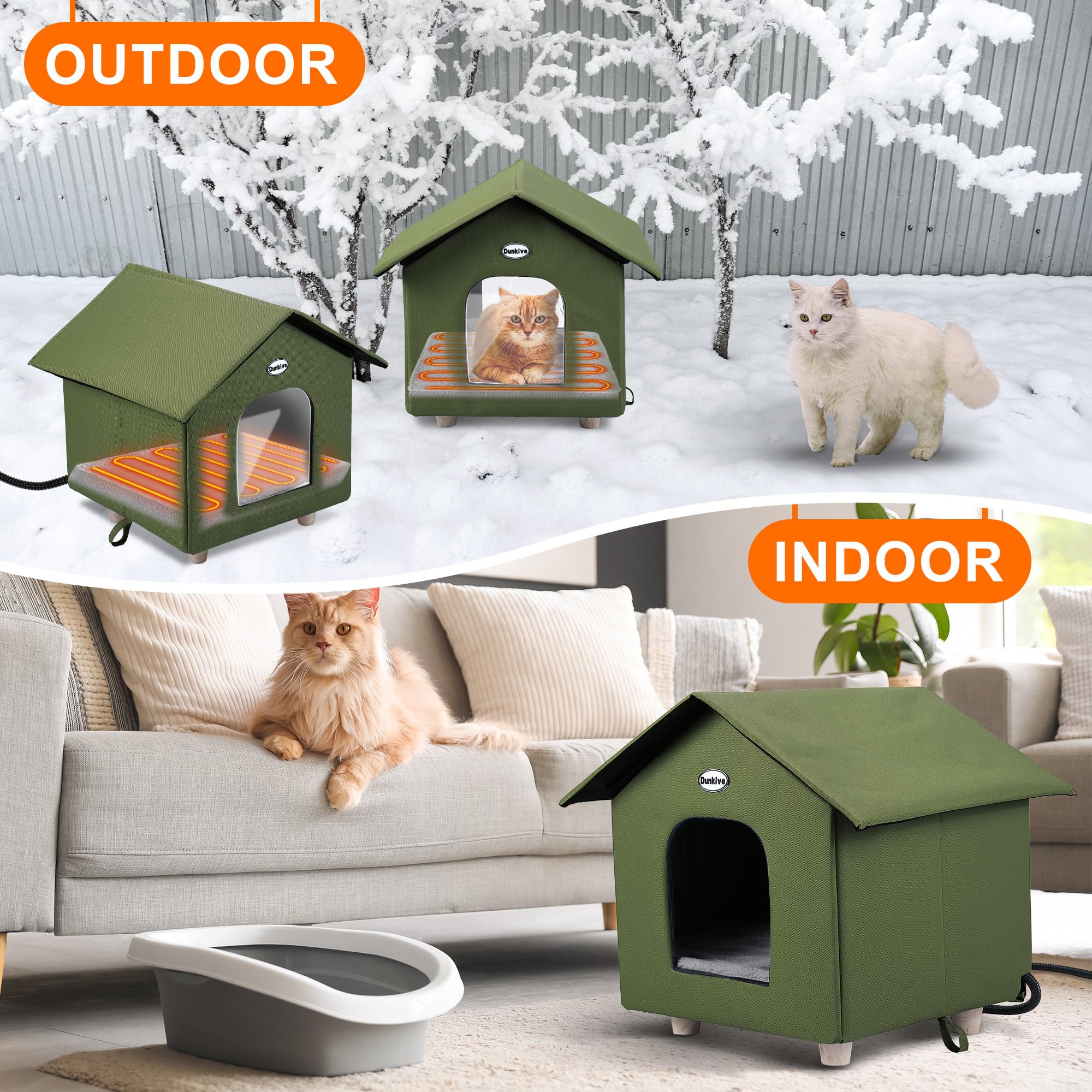 Heated Cat House - Weatherproof Outdoor Shelter with Heated Bed for Winter, Feral Cats & Small Pets - Green