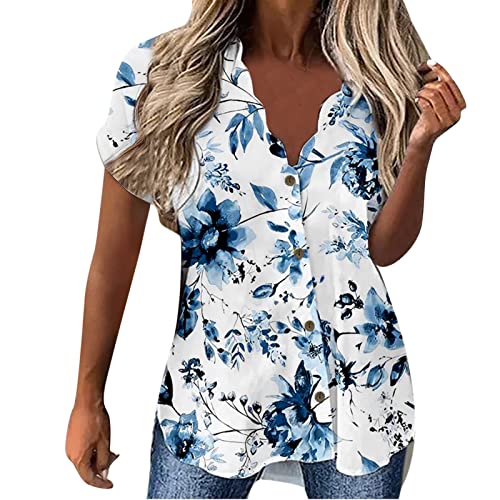 Women's Summer Floral Printed V-Neck Short Sleeve Blouse - Casual Loose Fit Button Down Shirt for Women (Blue, XL) | Perfect for Beach Outings, Picnics & Summer Vacations