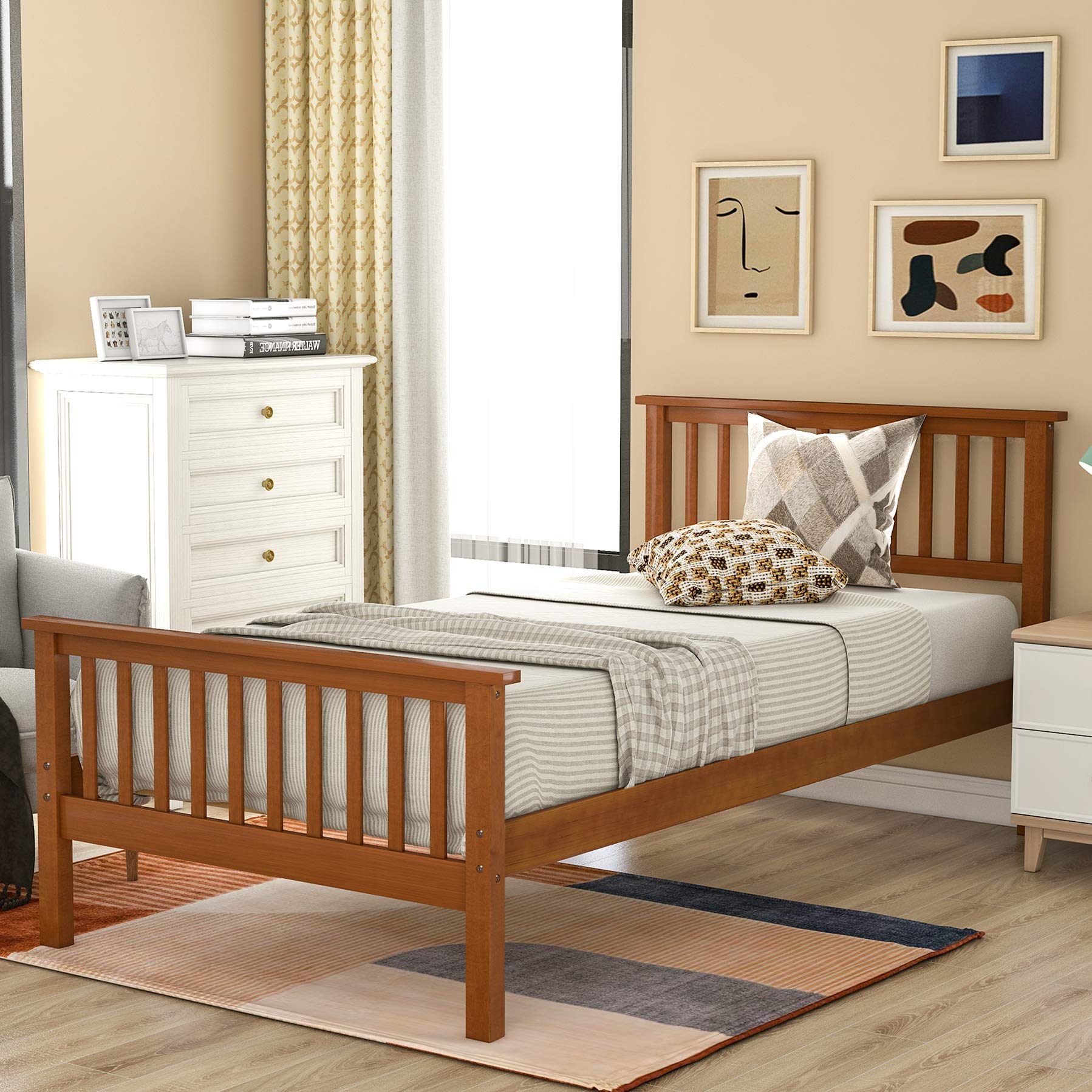 Harper & Bright Designs Solid Wood Twin Bed Frame with Headboard & Footboard - No Box Spring Needed, Sturdy Platform Bed for Kids & Teens - Perfect for Bedrooms, Guest Rooms & Dormitories (Oak Finish)